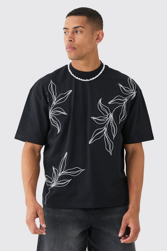 Kastiges Oversize T-Shirt mit floraler Stickerei