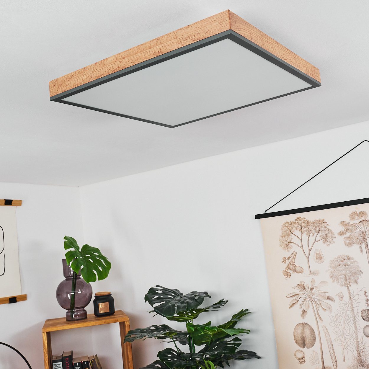 hofstein Deckenleuchte Vacil modernes Deckenpanel aus Metall, MDF, Schwarz/Weiß/Holzoptik, 3000 Kelvin, 24 Watt, 2100 Lumen, eckige Deckenlampe in flachem Design