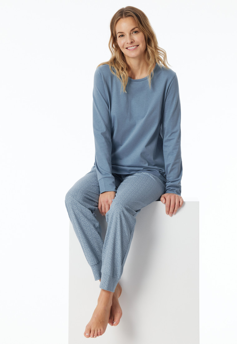 Schlafanzug lang Bündchen blaugrau gemustert - Comfort Essentials