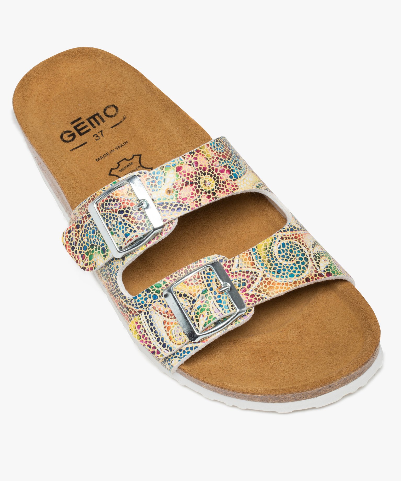 Mules femme à brides imprimées et semelle liège jaune | GEMO