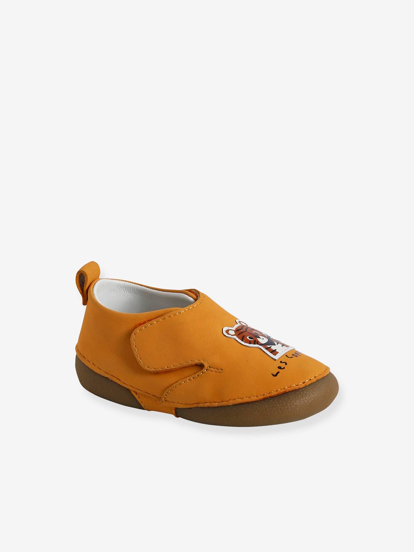 Chaussons scratché bébé en cuir souple jaune
