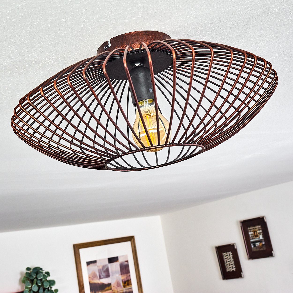 hofstein Deckenleuchte Pieris runde Deckenlampe aus Metall in Schwarz/Kupfer, ohne Leuchtmittel, E27, Retro-Leuchte mit Lichteffekt durch Gitter-Optik