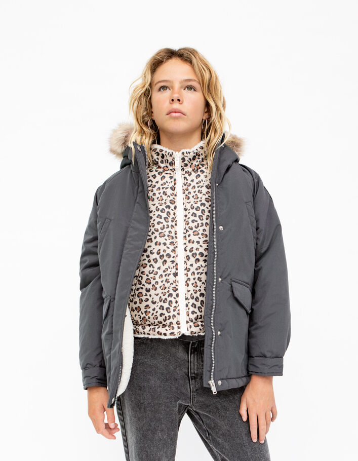 Parka noire fourrée Sherpa carreaux fille
