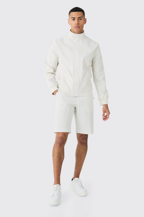 Smarte gestreifte Seersucker-Jacke mit Trichterkragen