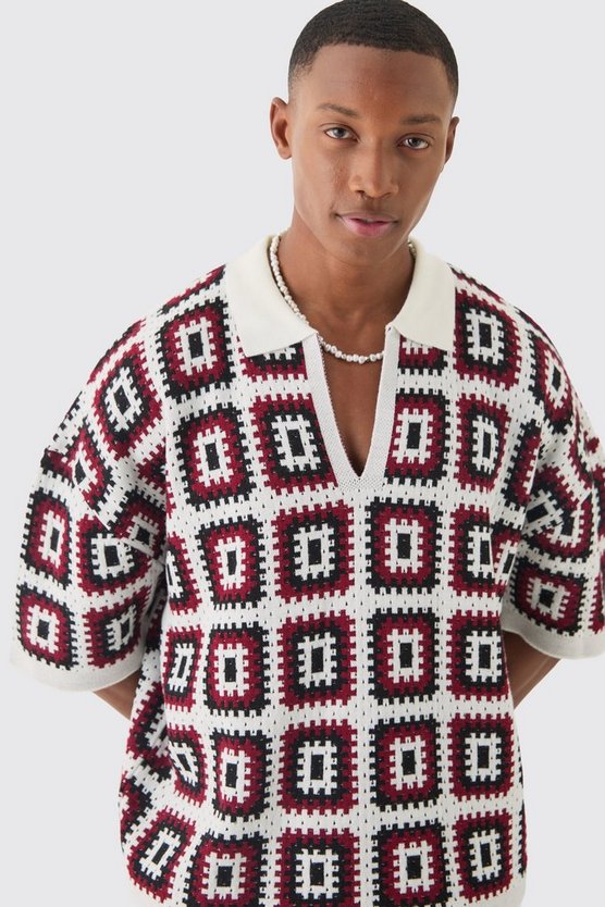 Kastiges gehäkeltes Oversize Poloshirt in Schwarz