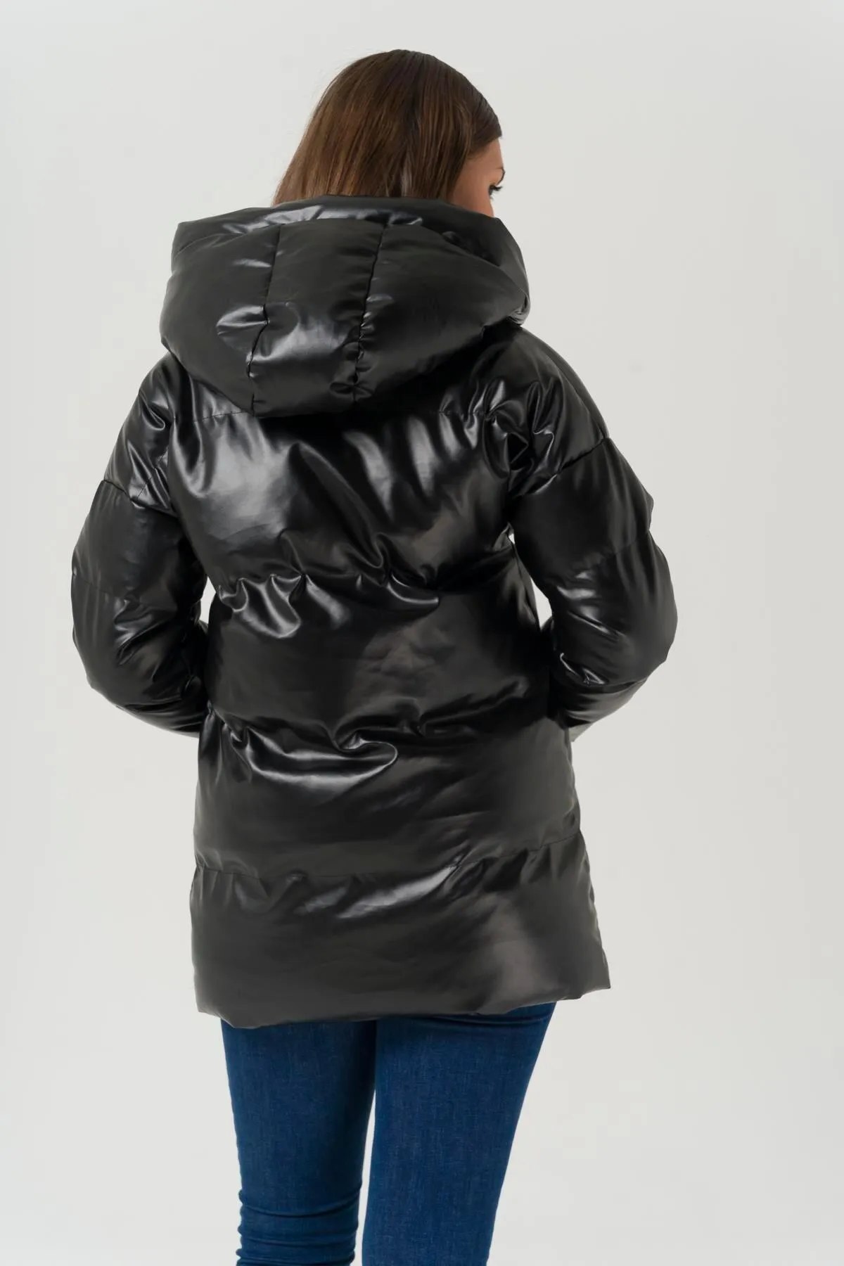 Olcay  Pufferjacke in Lederoptik mit Kapuze, Schwarz 6421