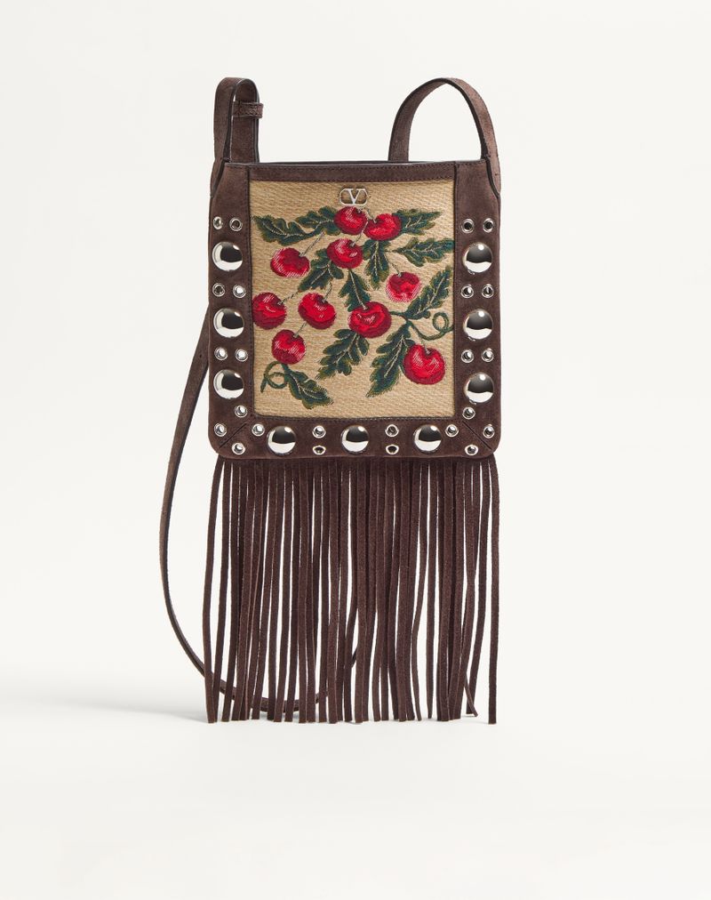 Valentino Garavani Nellcôte Lille Raffia Jacquard Skuldertaske med Kirsebærmotiv og Frynser