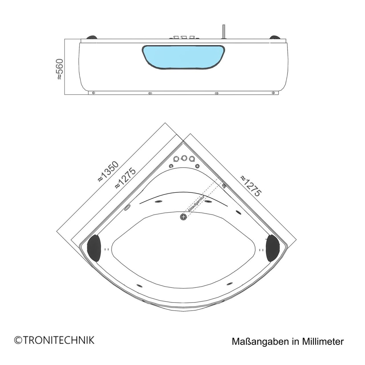 TroniTechnik Whirlpoolbadewanne PAROS 135cm x135cm x 60cm