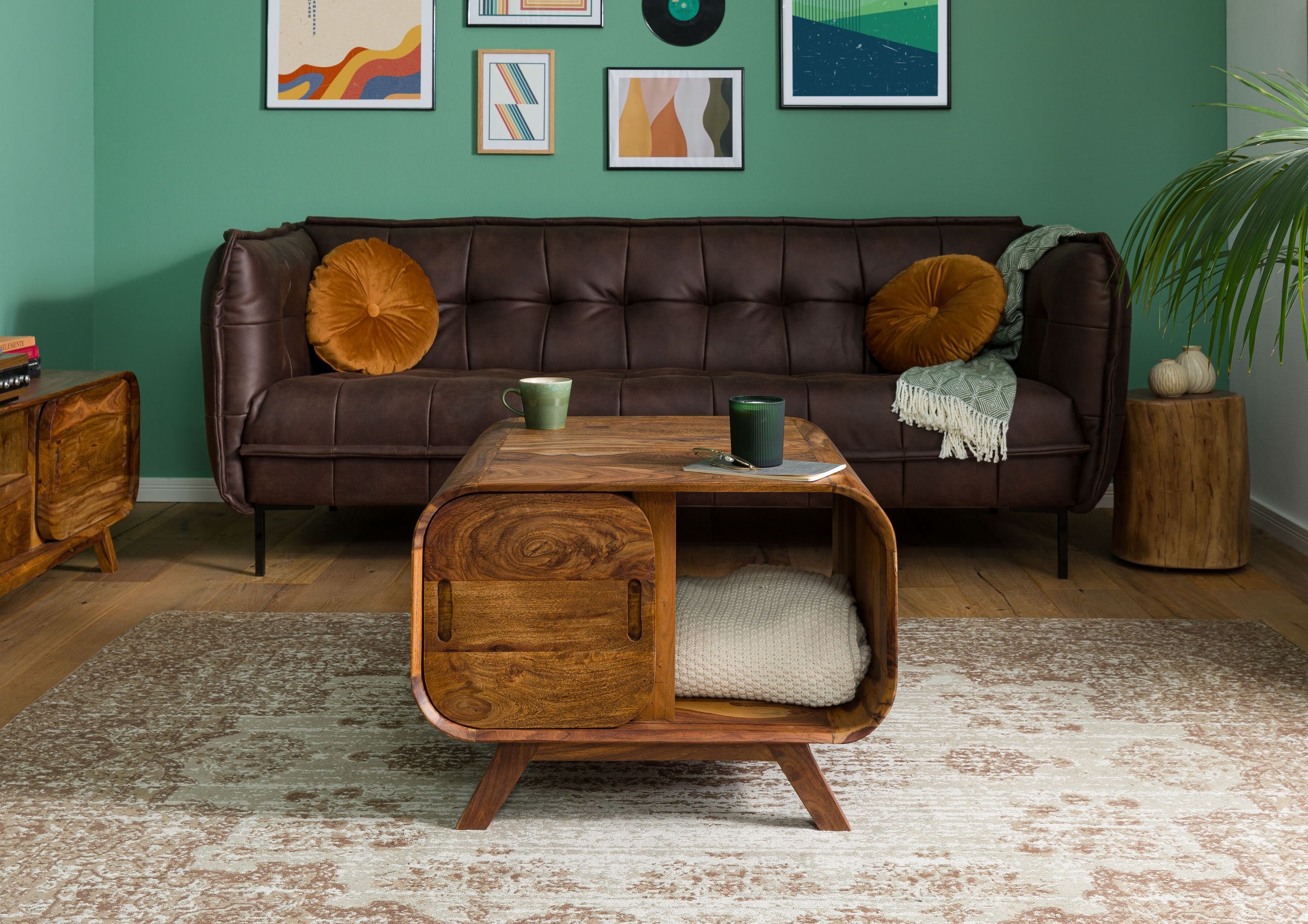 Massivmoebel24 Couchtisch Sheesham 70x70x50 hellbraun lackiert MAILAND #133