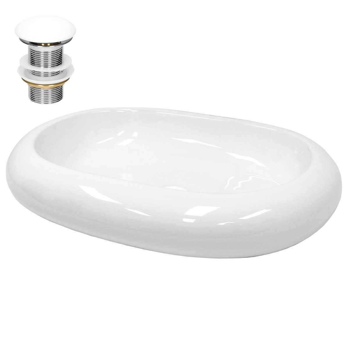 ECD Germany Waschbecken Waschtisch Aufsatzbecken Aufsatzwaschbecken Aufsatzwaschtisch, Keramik Weiß 630x420x120mm inkl. Ablaufgarnitur ohne Überlauf Oval