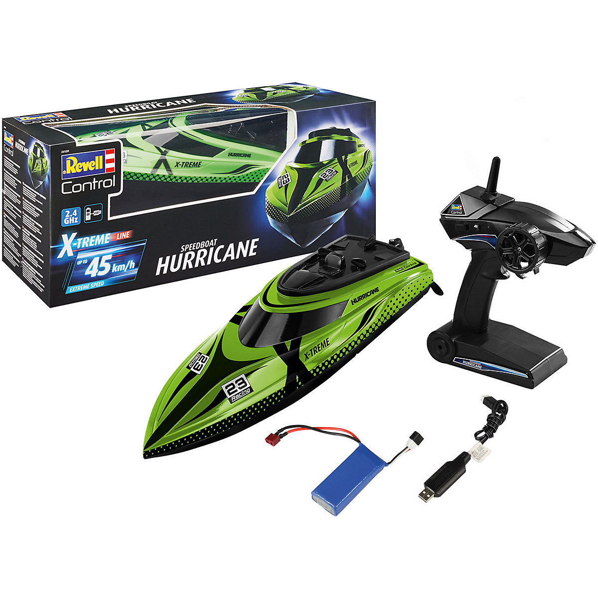 RC X-TREME Speedboat "Hurricane", bis zu 45 km/h, Anti-Kenter-Funktion, mit Schutzschaltung - die Propeller laufen erst im Wasser an, Revell Control schnelles Ferngesteuertes Boot, 46 cm