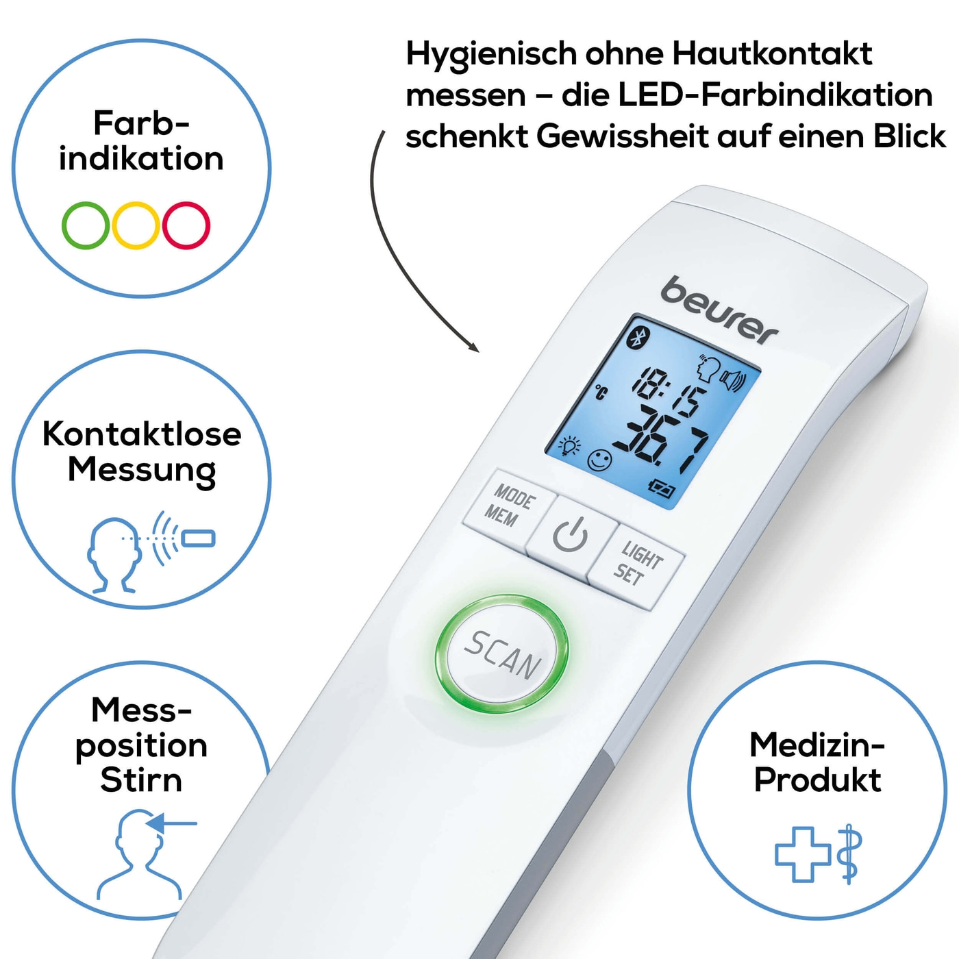 Beurer kontaktloses Thermometer FT 95 <i>Bluetooth</i>®-Fieberthermometer kontaktlos mit Anbindung an HealthManager & BabyCare App