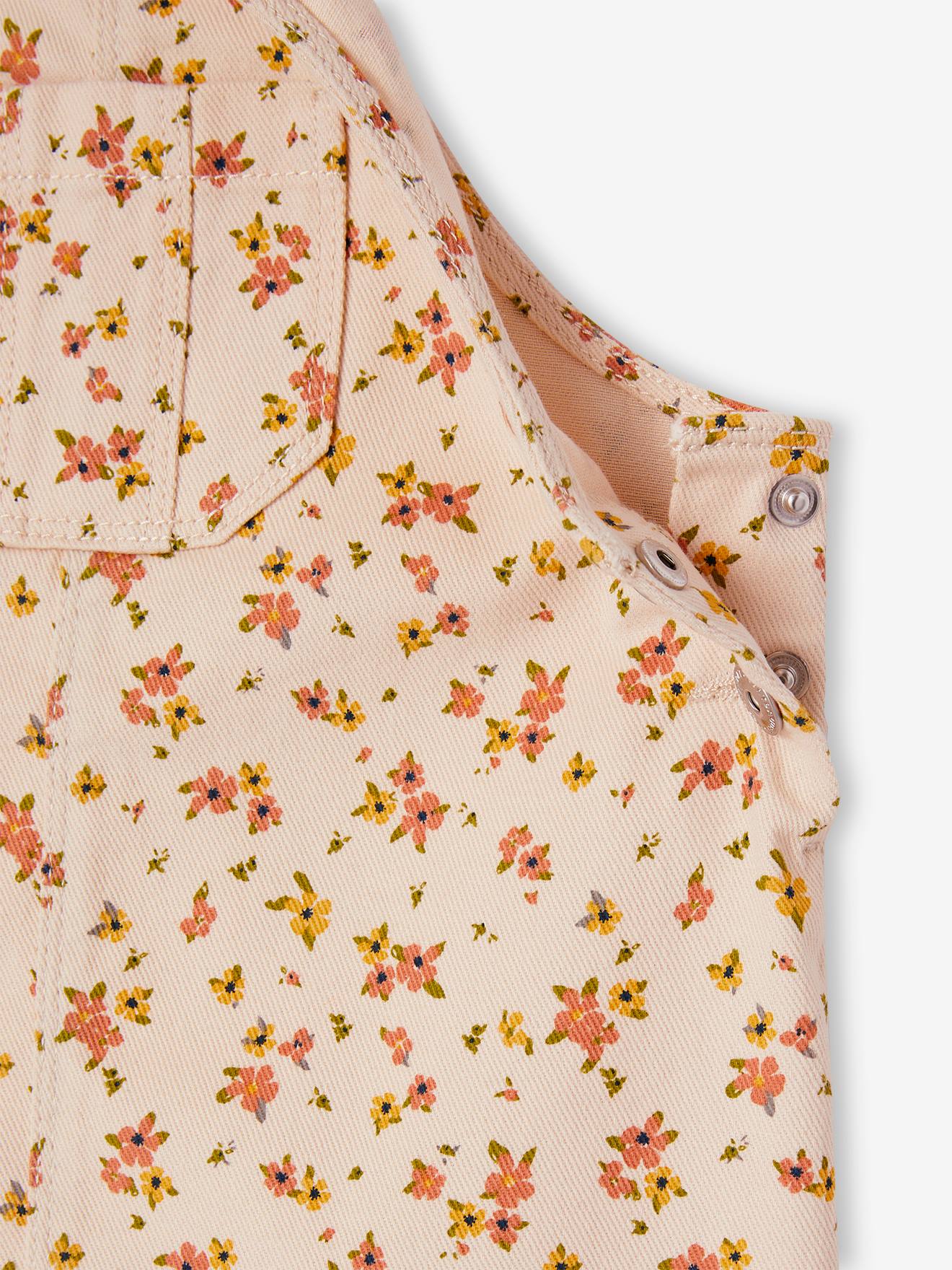 Vertbaudet Mädchen Latzkleid mit Volantträgern, Blumen - hellgrau