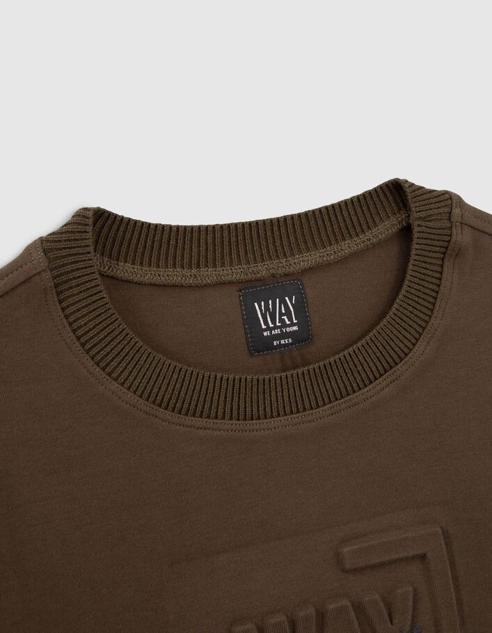 Pull kaki bi-matière avec visuel embossé garçon