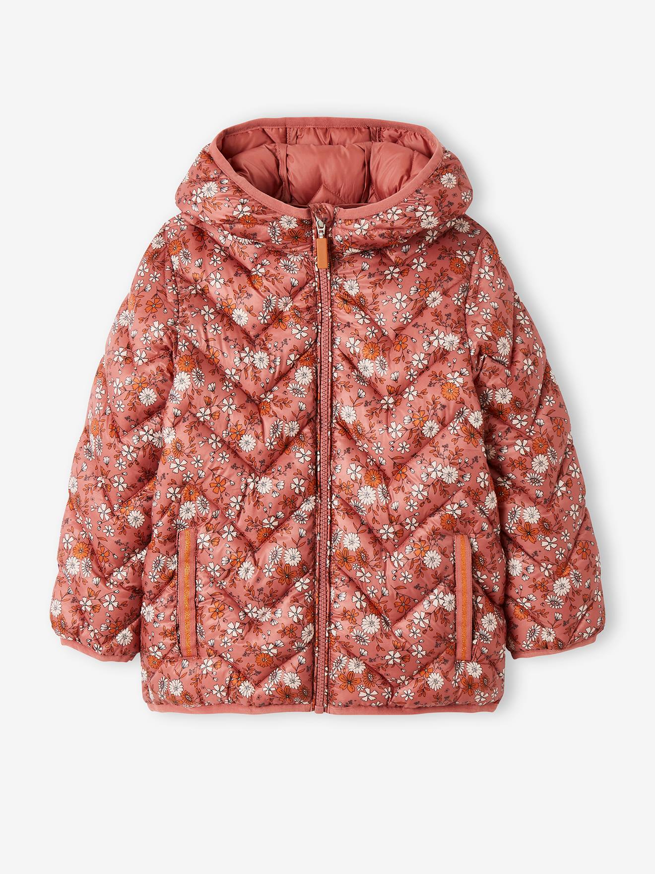 Doudoune légère à capuche fille motifs imprimés moutarde imprimé