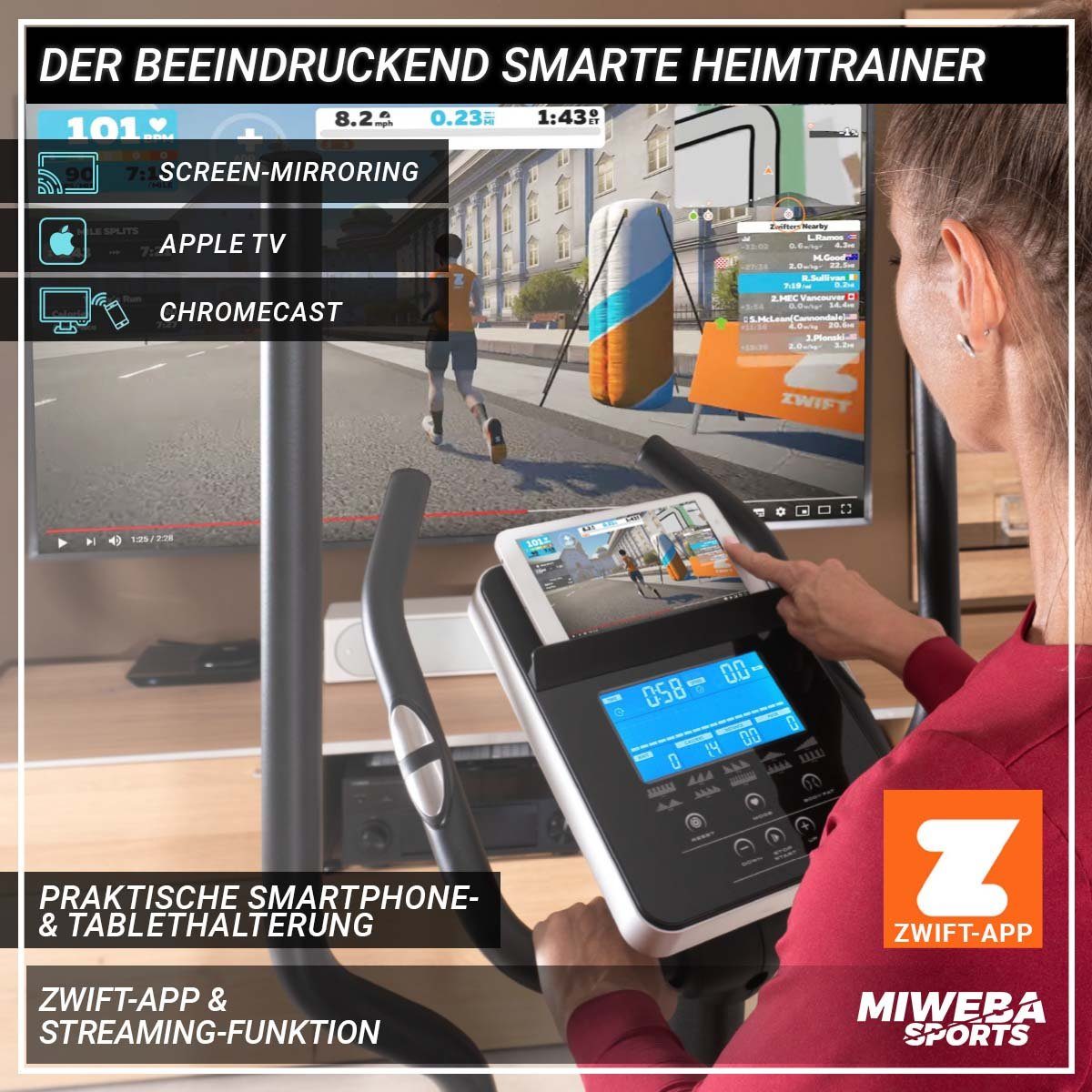 Miweba Sports Ellipsentrainer Profi Crosstrainer MC400 - 27 kg Schwungmasse & Magnetbremse (32 Intensitätsstufen, 10 Trainings Programme, Sportgeräte Fitnessgeräte für zu hause, verstellbar, 1-tlg., Zwift App & Streaming-Funktion, 150 kg max. Benutze