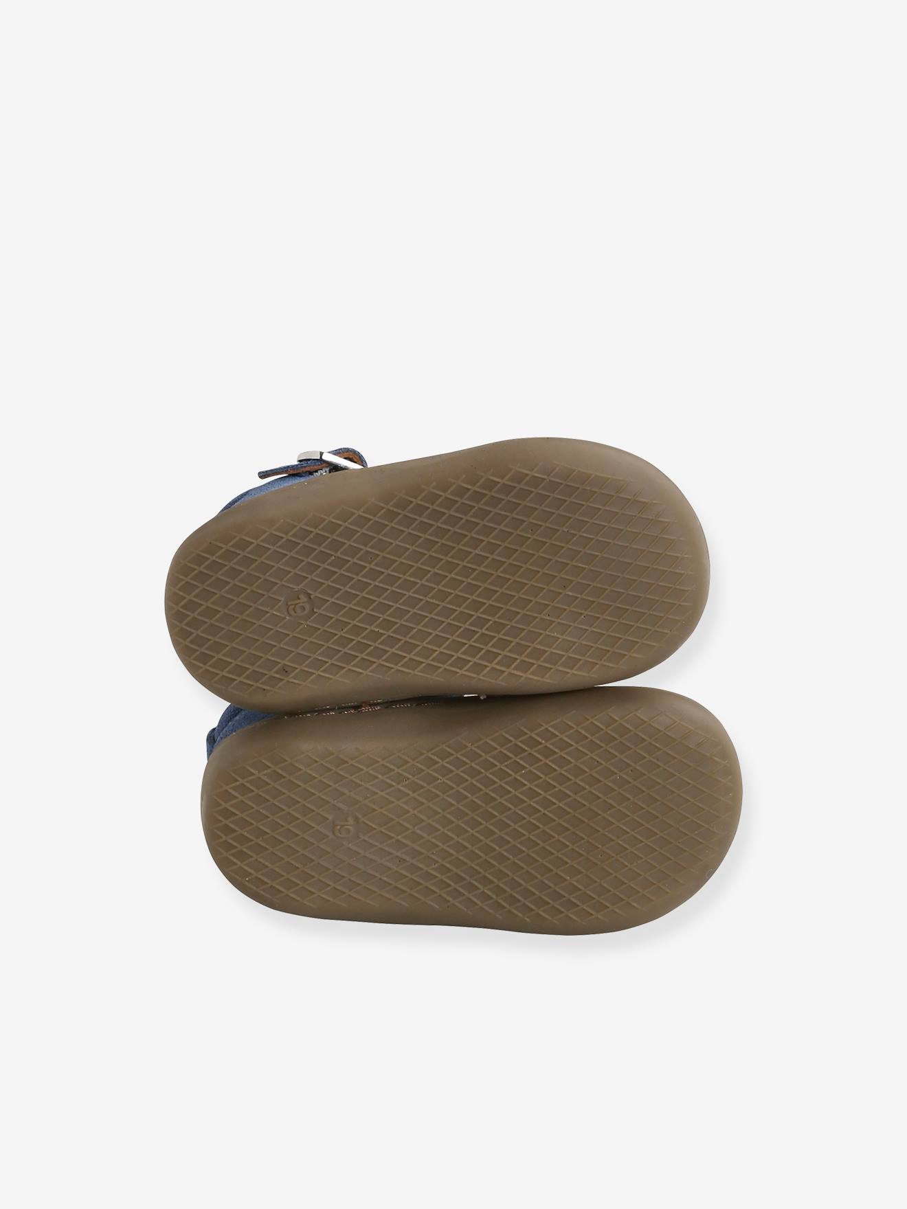 Salomés cuir souple bébé 4 pattes bleu jean