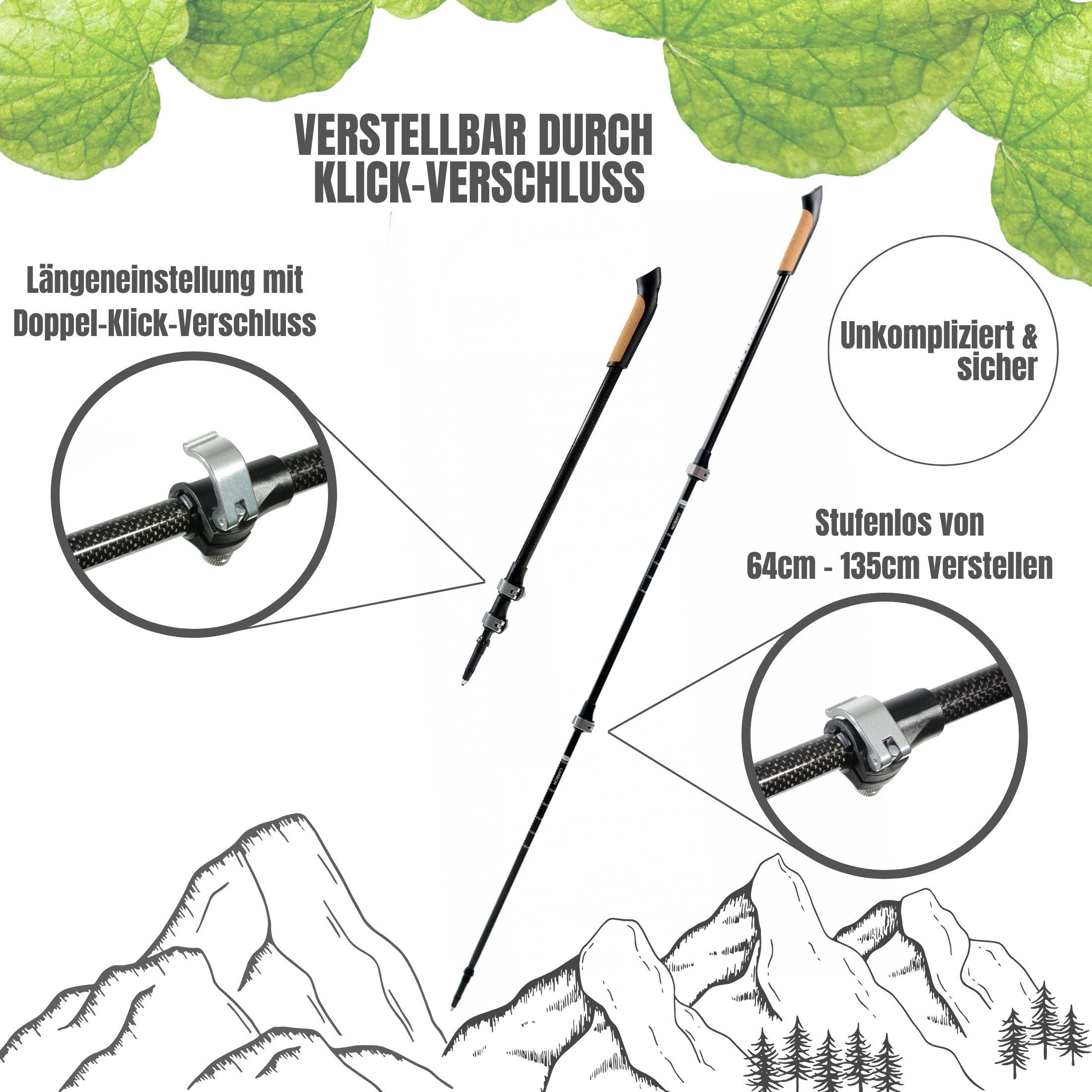 Muawo Nordic-Walking-Stöcke Premium Carbon verstellbar Teleskopstock mit Clickverschluss (praktischer Beutel, Vollständiges Nordic Walking Set mit allen Aufsätzen), federleicht und ultrarobust, Carbon, verstellbar, ergonomisch