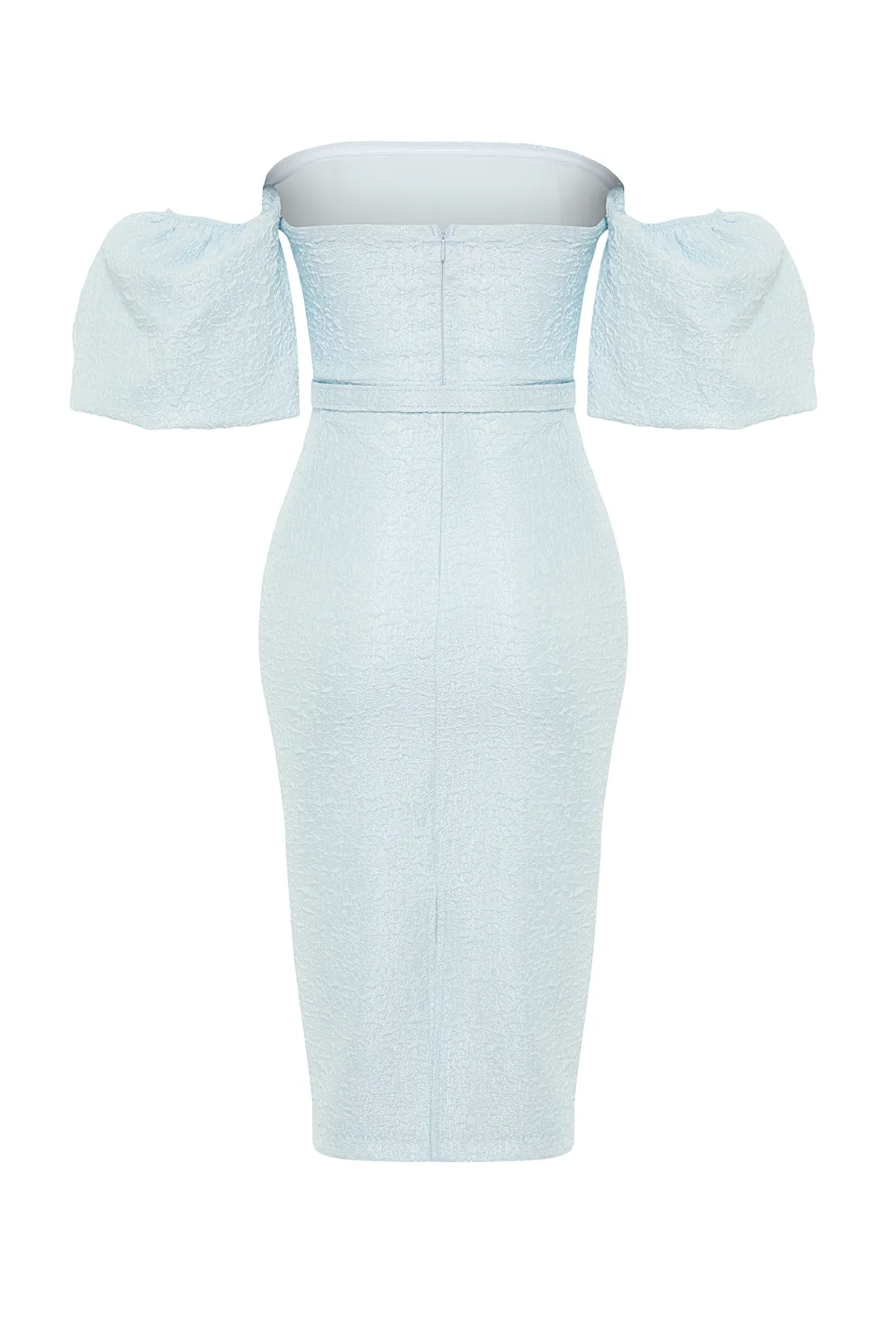 Trendyol Collection  Hellblaues, mit Gürtel gefüttertes, strukturiertes, gewebtes, selbstgemustertes, elegantes Abendkleid TPRSS19FZ0335