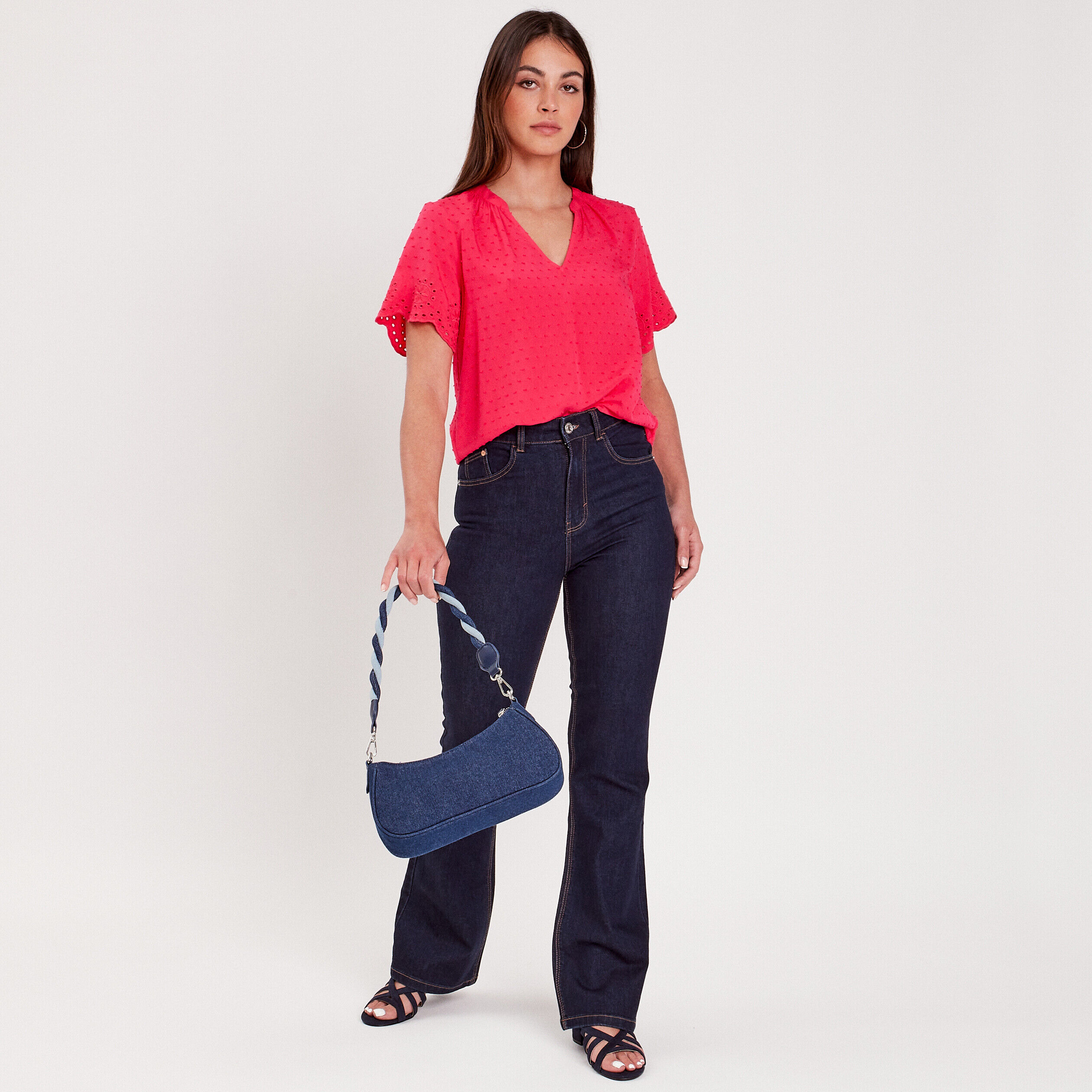 Blouse manches broderie rose vif femme | Cache Cache