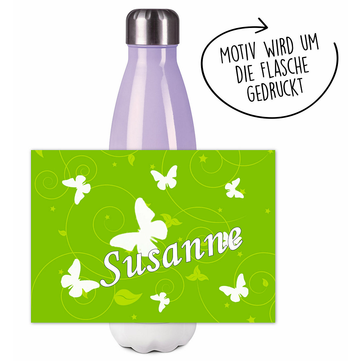 Edelstahl Kinder Thermoflasche / Trinkflasche bunt Schmetterling Ornamente Farbe grün Spülmaschinenfest, Auslaufsicher, Bruchfest, Doppelwandig, Für Heißgetränke geeignet, Mit Deckel, Isoliert
