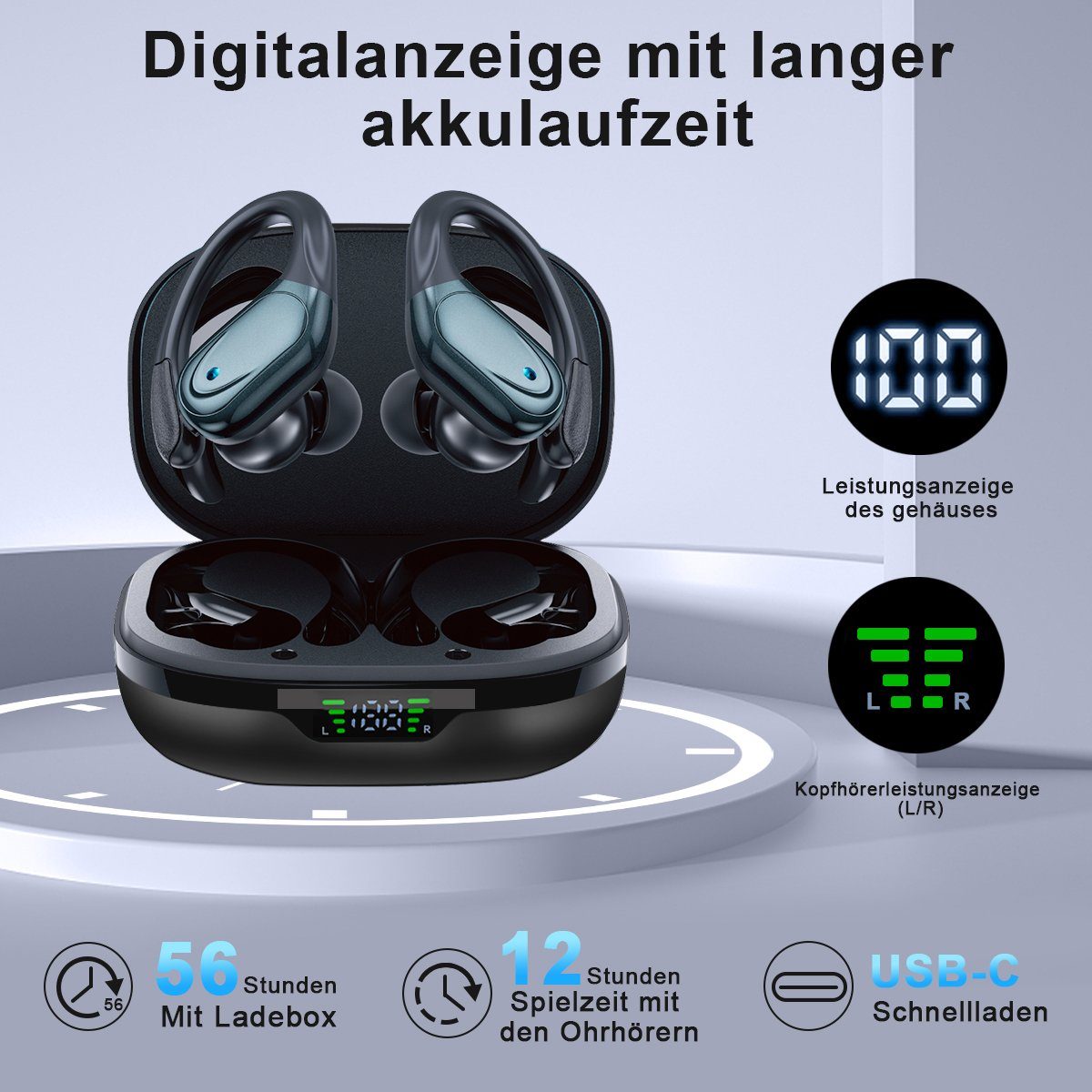 HYIEAR Bluetooth-Kopfhörer 5.3, Sportkopfhörer, Geräuschunterdrückung, IPX5. In-Ear-Kopfhörer (Bluetooth, Stereo USB-C)
