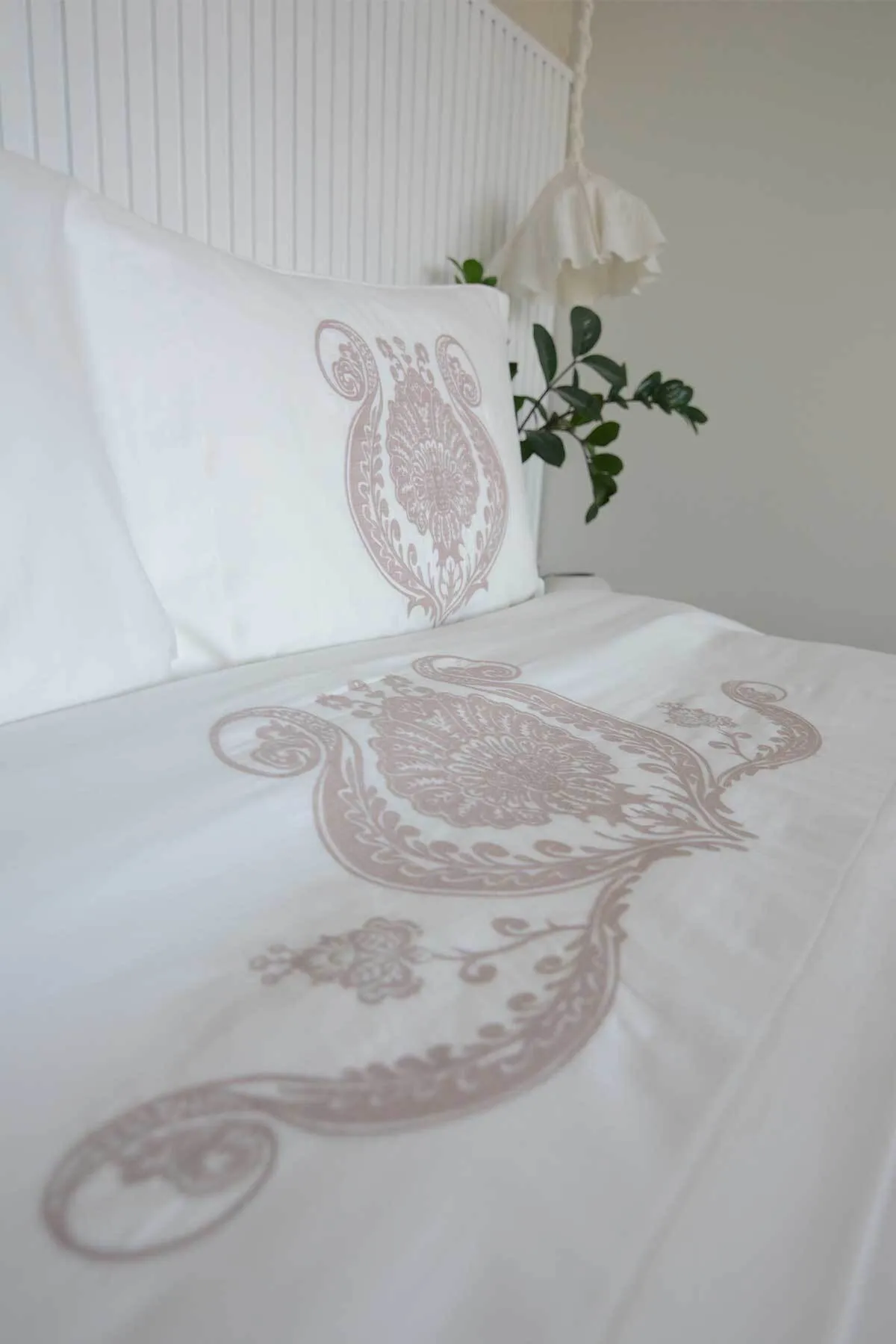Elart  Bettbezug-Set für Doppelbett, King-Size-Bett, Baumwollsatin, bestickt, 3-teilig, Enora, Ecru