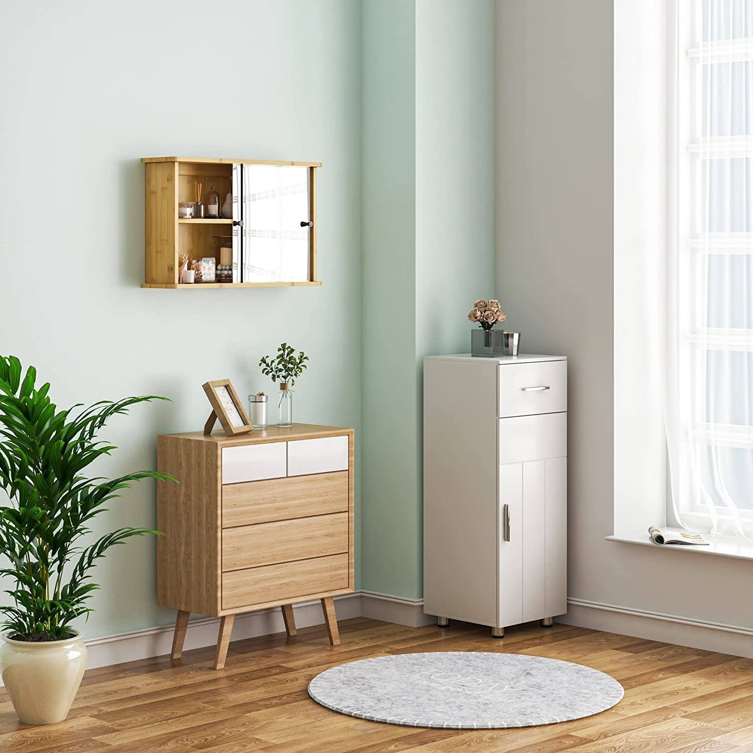 EUGAD Badezimmerspiegelschrank mit Ablage, aus Bambus, 55x35,5x14 cm