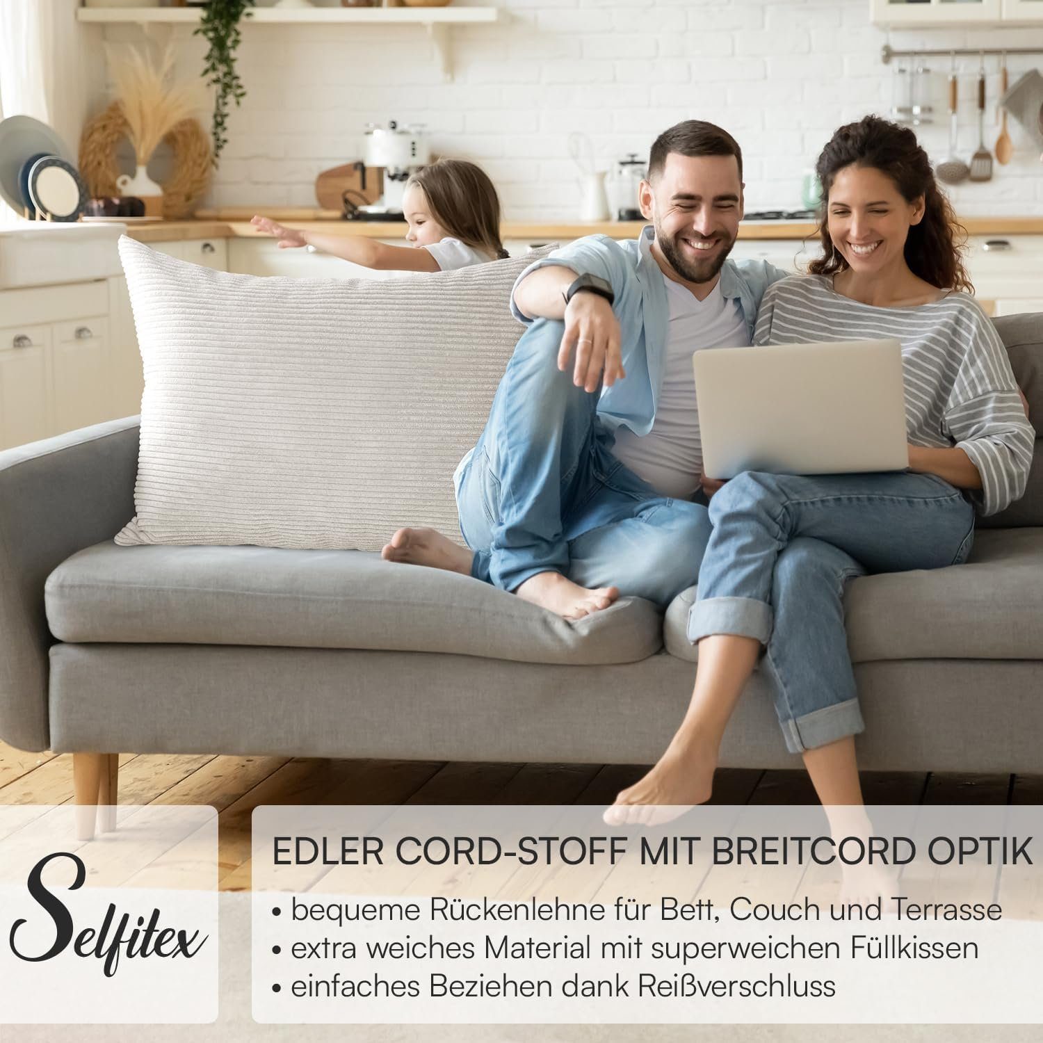 Selfitex Dekokissen XXL 60x80 inkl. Füllkissen kuschelweiches Lesekissen, Rückenkissen, Sofakissen, für Couch, Bett oder als Polster jeglicher Art