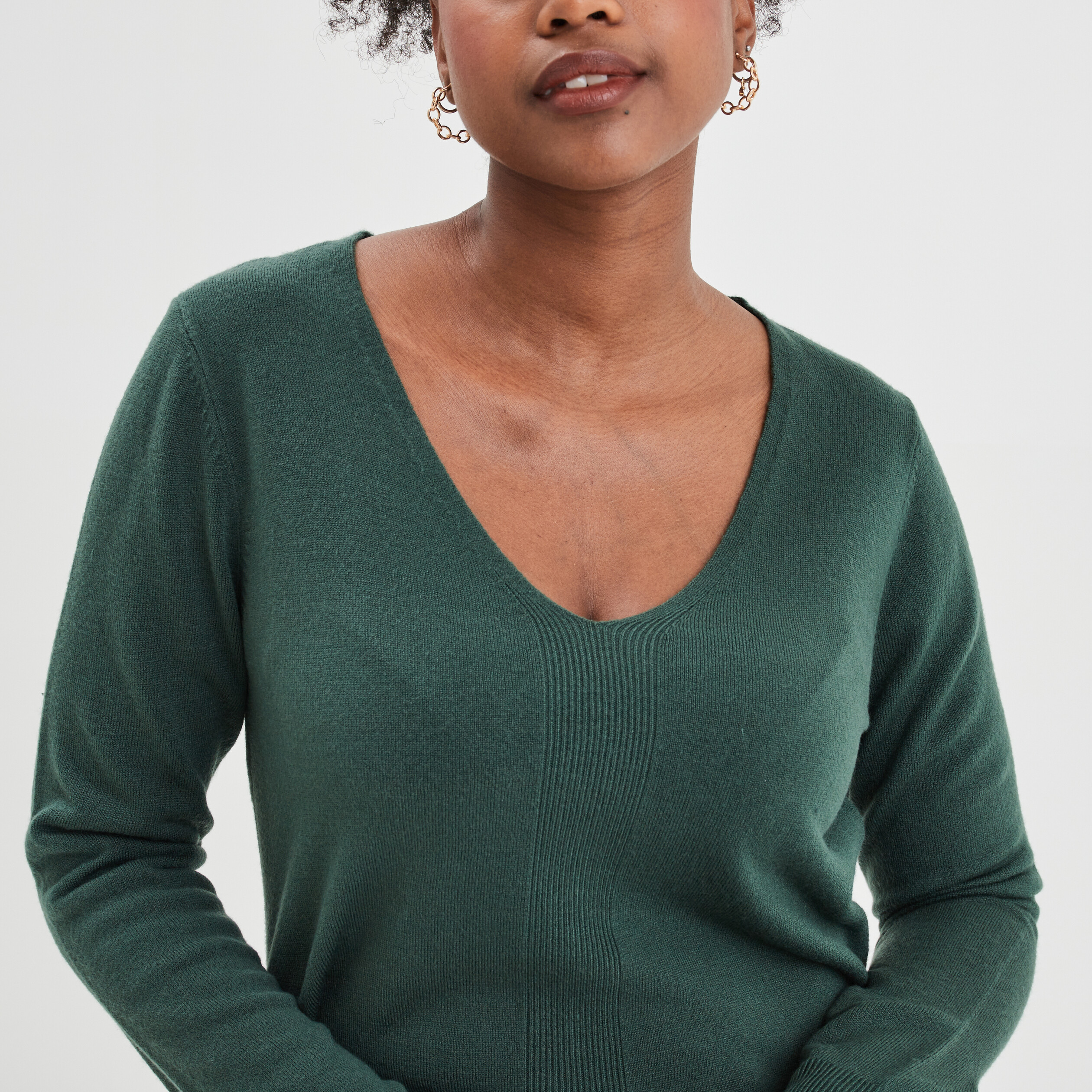 Pull col V manches longues vert foncé femme | La Halle