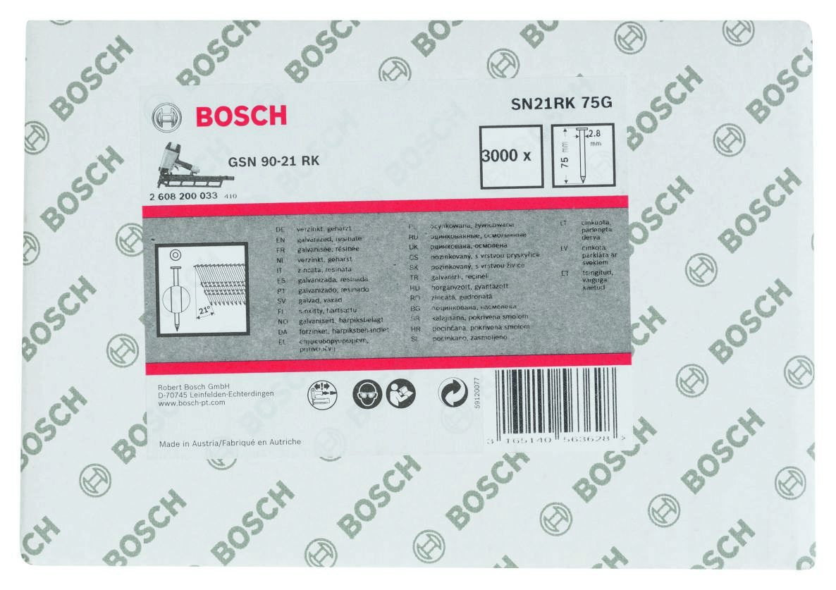 Bosch Blue Accessories 2608200033 SN21RK 75G Strip Nail 21° Galvanized Smooth 75 mm 3000 pieces