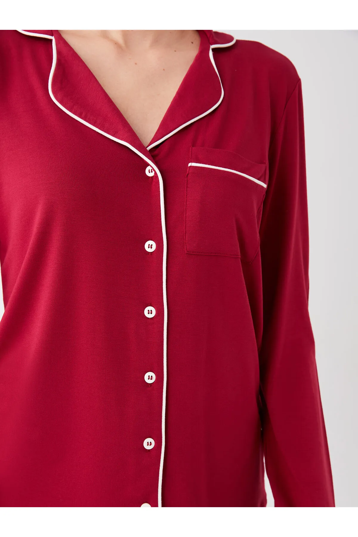 LC Waikiki  Einfarbiges, langärmliges Damen-Pyjama-Set mit Hemdkragen