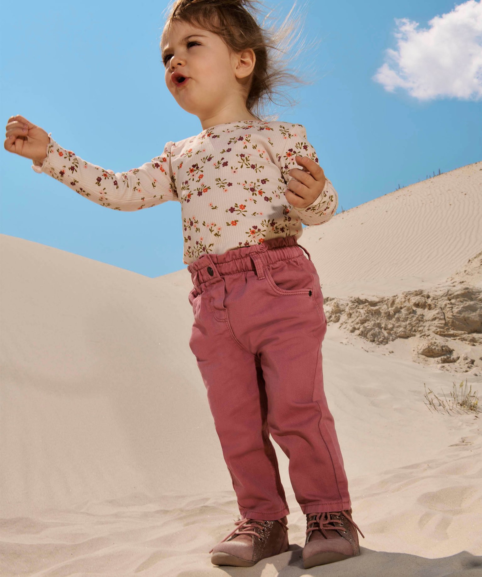Pantalon bébé fille en toile de coton avec ceinture froncée rose fonce | GEMO
