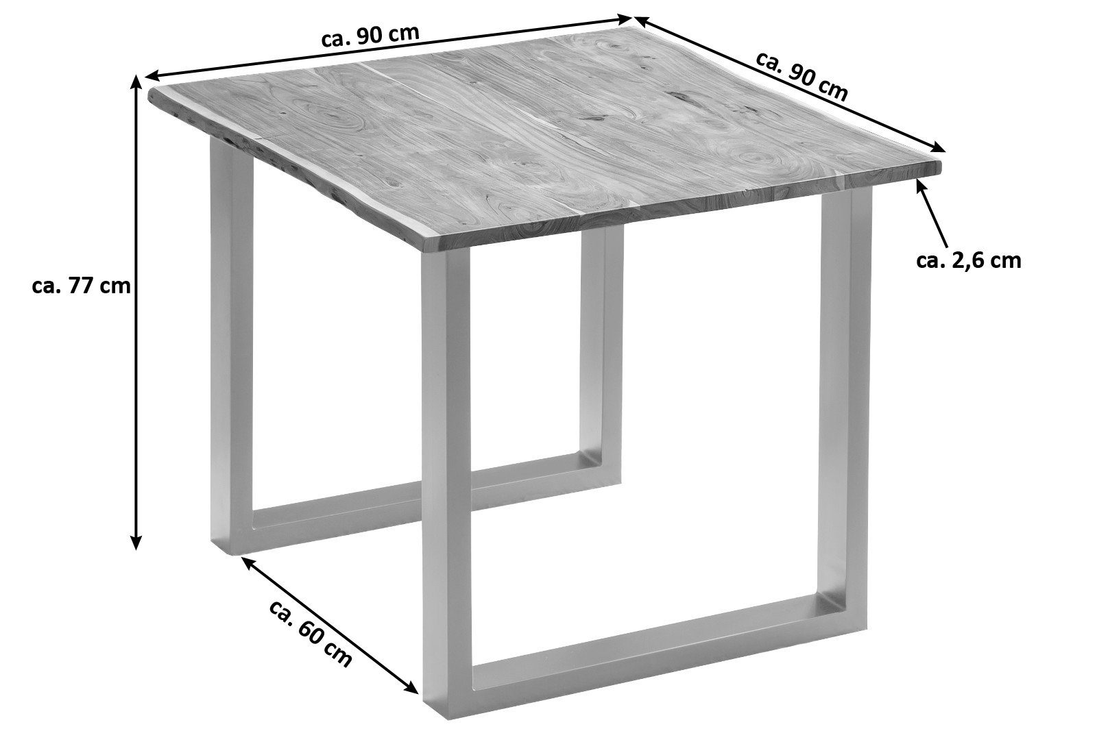 Junado® Baumkantentisch Quinn, Akazienholz, natur- oder nussbaumfarben, Baumkante, Metallgestell