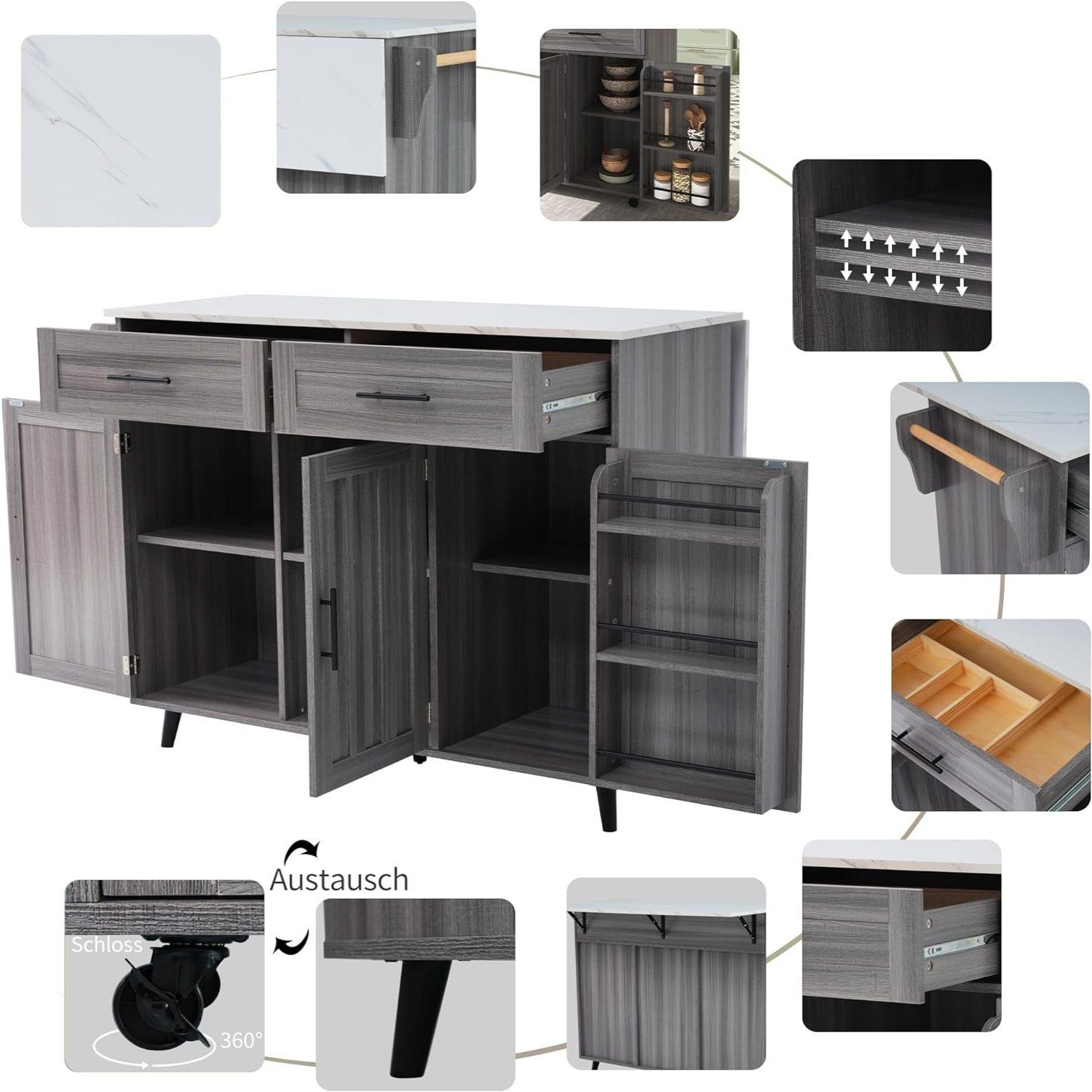BlingBin Sideboard Speisewagen Faltbare Arbeitsplatte mit Massivholzmaserung + Schrank (1er Set, 1 St., Sideboard), Aufbewahrungstür-Design/Räder/Massivholzfüße umschaltbar