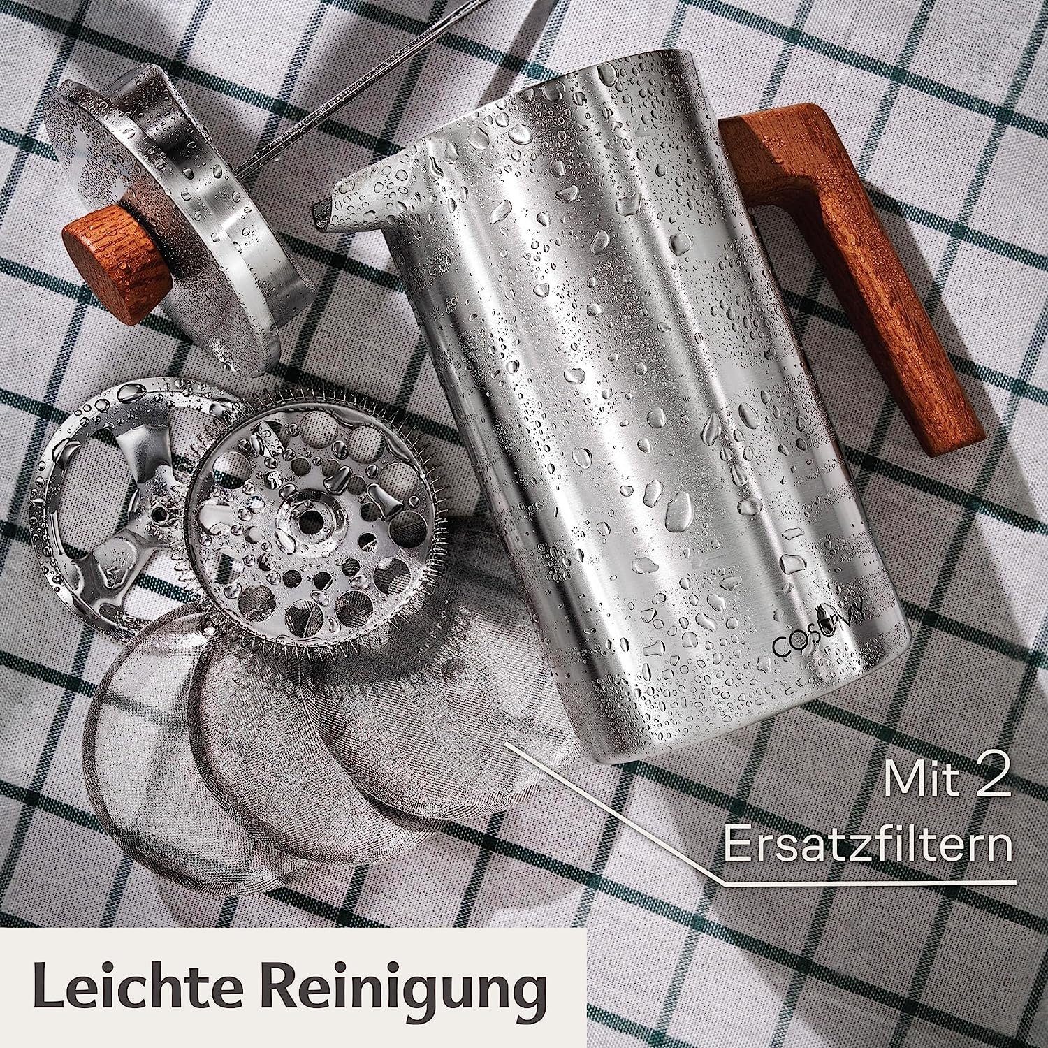 Cosumy French Press Kanne Edelstahl Kaffeekanne, Edelstahlfilter