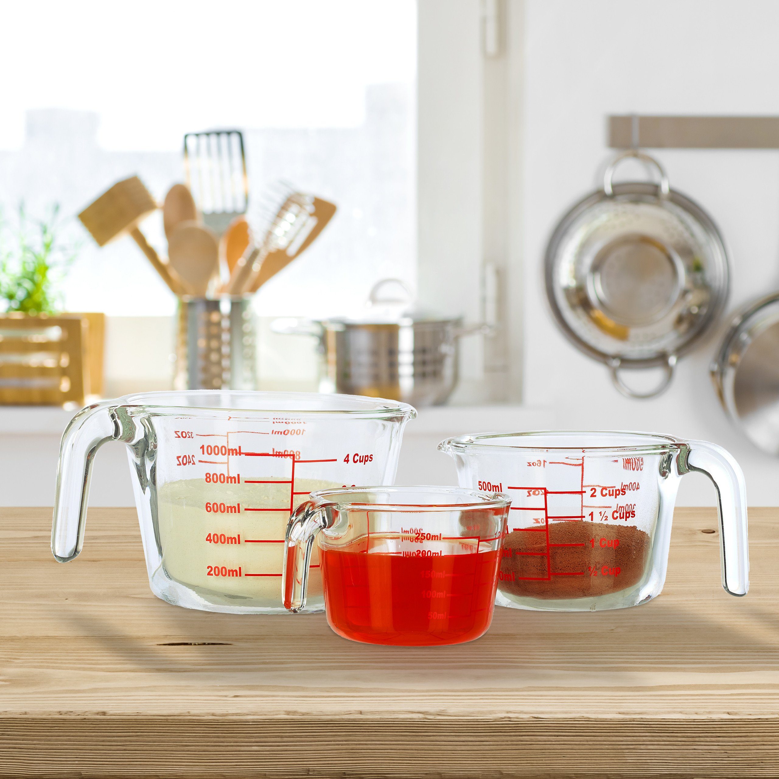 relaxdays Messbecher 3-teiliges Messbecher Set aus Glas, Glas