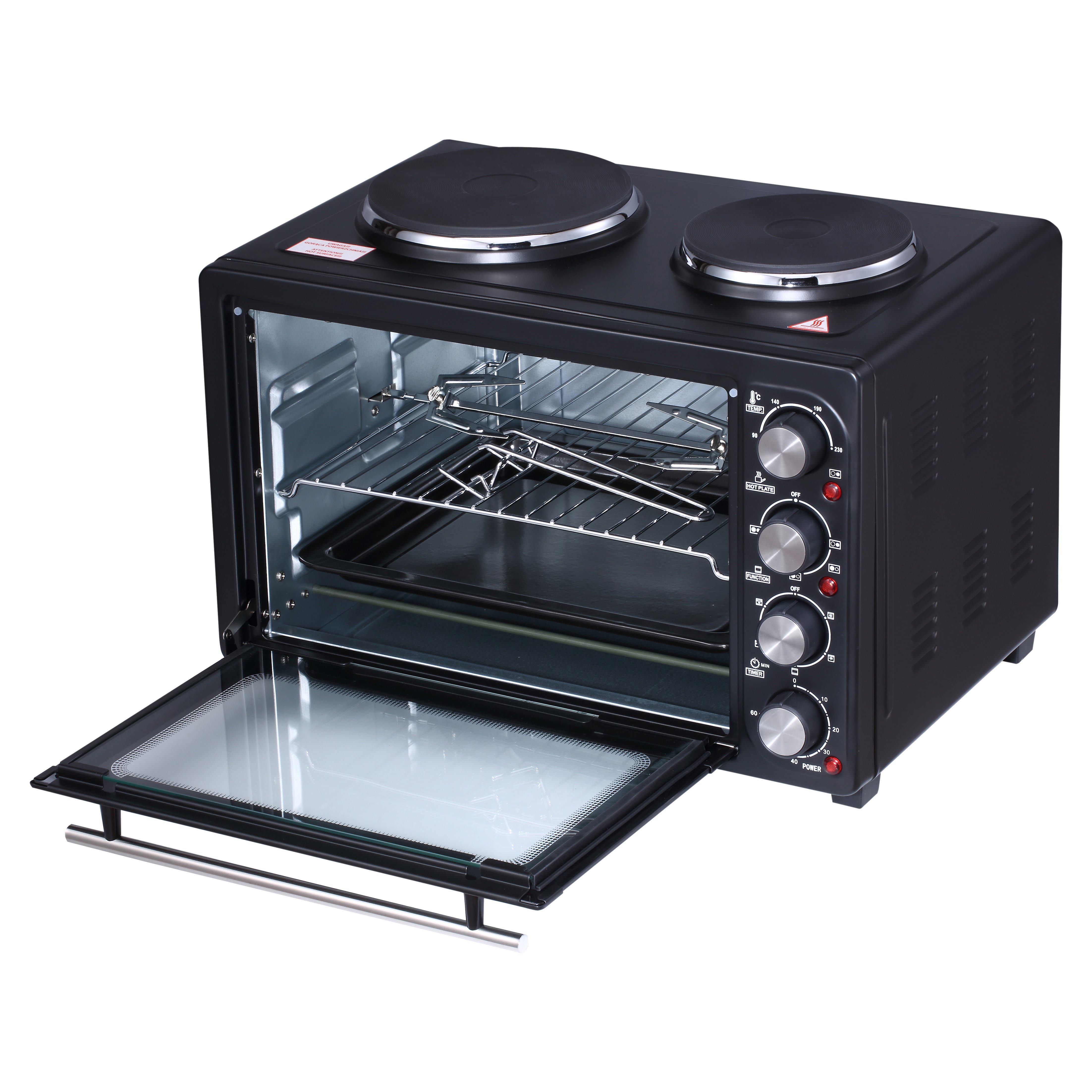 JUNG Minibackofen ADLER AD6020 Minibackofen 36L mit 2 Kochplatten, Umluft / Heißluft, Mini Backofen mit Herdplatte, 4600W, Timer, kleiner Backofen klein