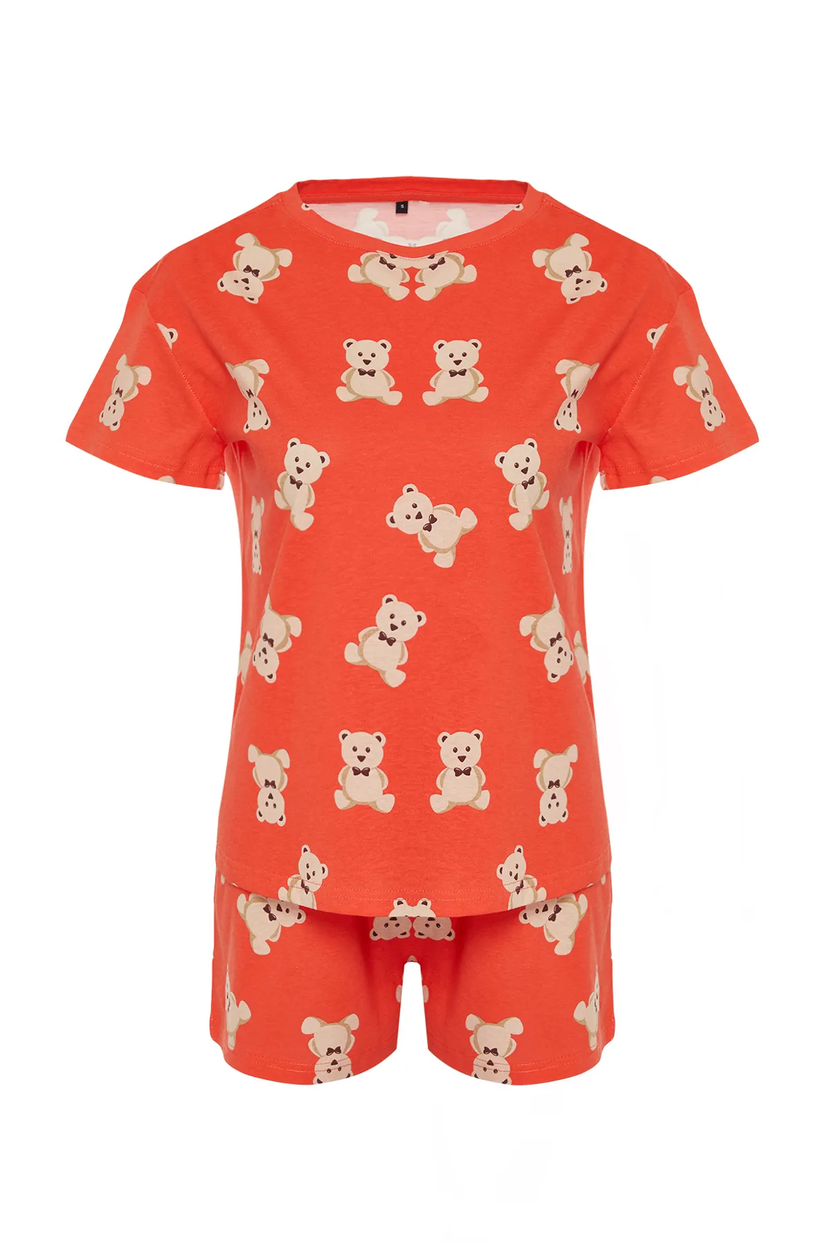 Trendyol Collection  Zimtfarbenes, gestricktes Pyjama-Set mit T-Shirt und Shorts aus 100 % Baumwolle mit Teddybär-Muster THMSS23PT00005