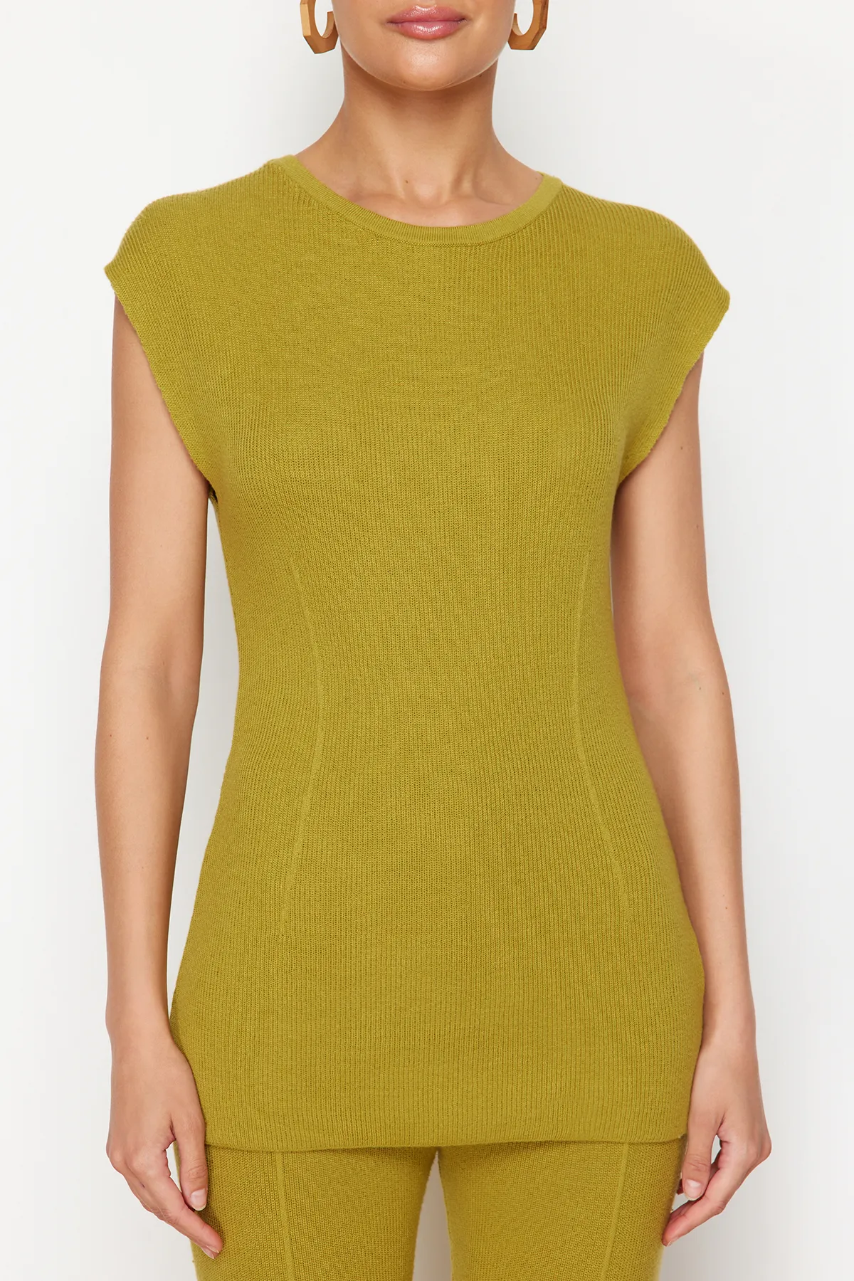 Trendyol Collection  Grünes, dünnes Baumwoll-Bluse-Hose-Strickoberteil- und -unterteil-Set TWOSS24AU00115