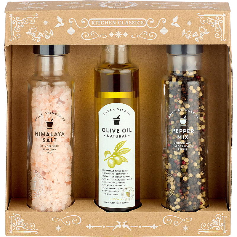 Kryddhuset Gavesett 3 deler salt, pepper, olivenolje