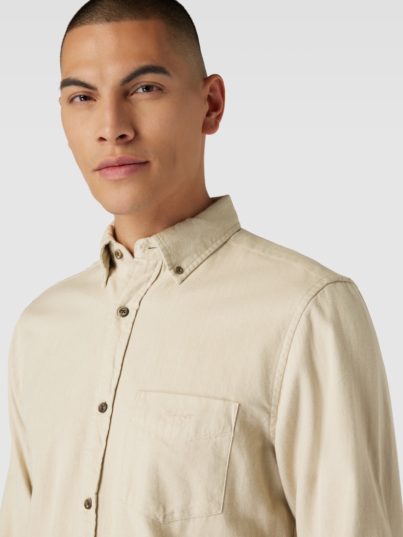 Regular Fit Freizeithemd mit Label-Stitching Modell 'HERRINGBONE' in stein