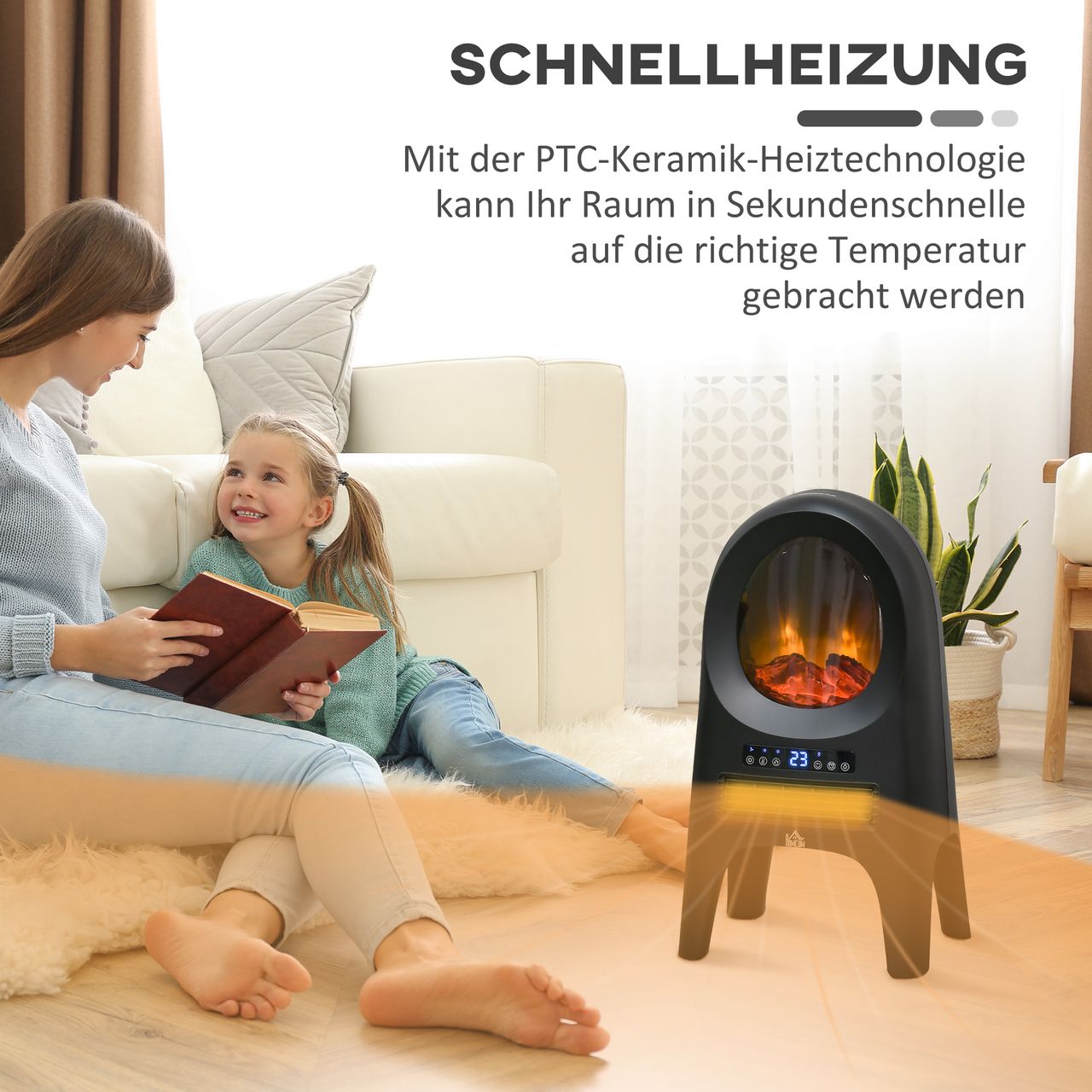 HOMCOM 3 Modi Keramik Heizlüfter mit Timer 2000 W Elektroheizung mit LED-Flammen und -Display Raumheizkörper mit Überhitzungs- und Kippschutz mit Fernbedienung für Innen Wohnräume 33,7x25,5 x60,4cm