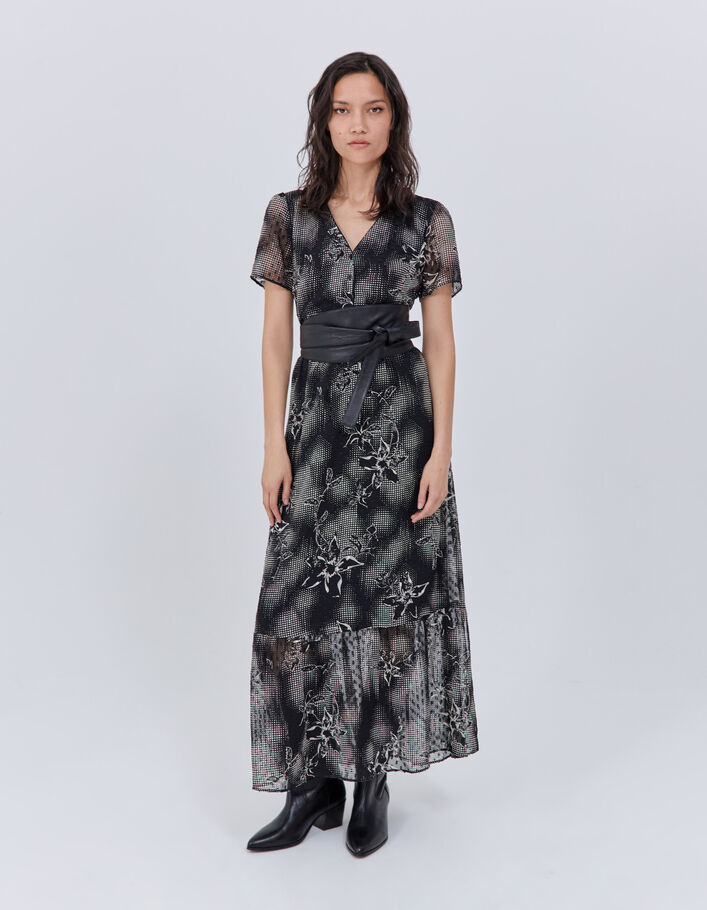 Robe longue noire imprimé dandy flower écru Femme