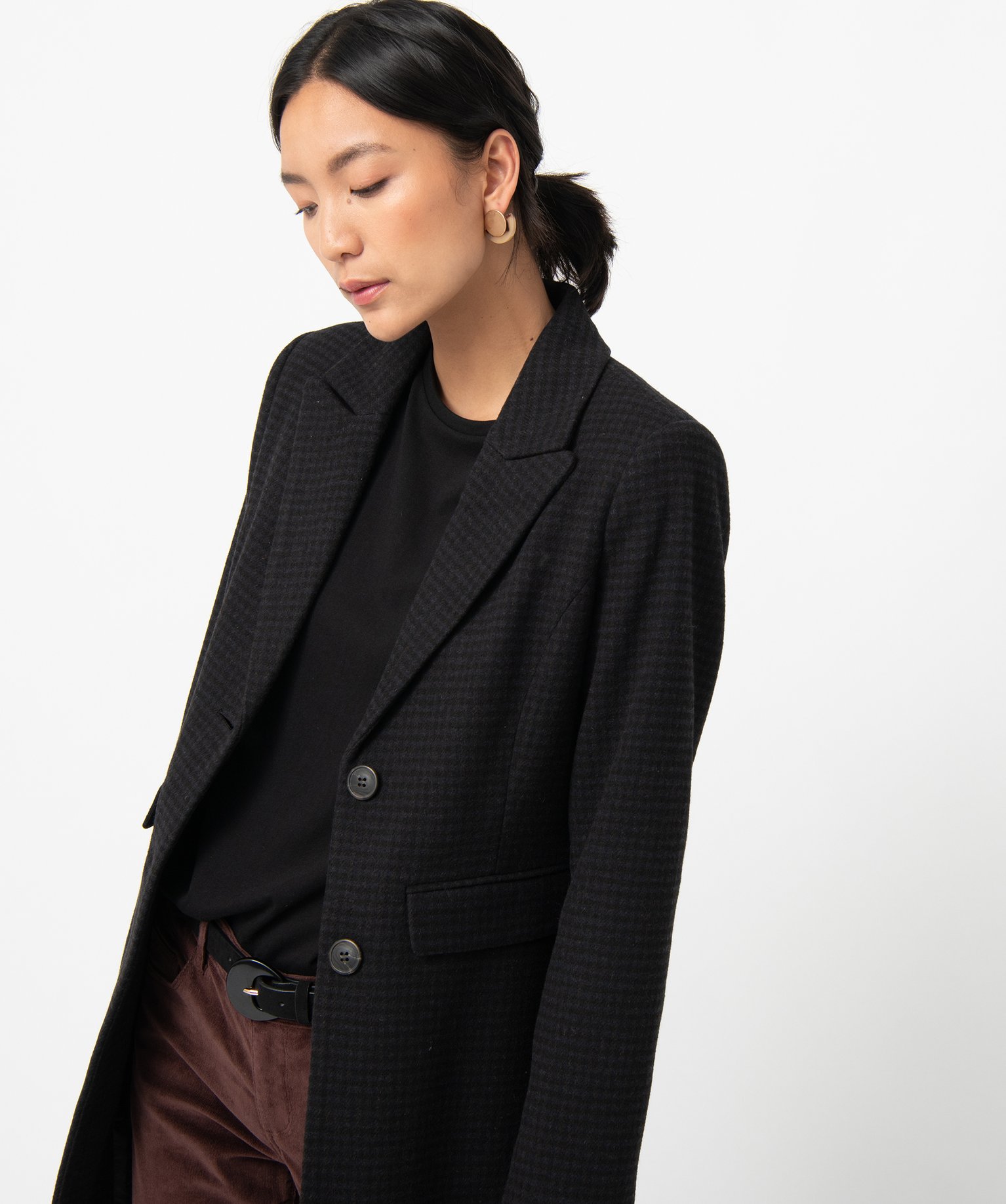 Manteau femme à motif pied de poule noir | GEMO