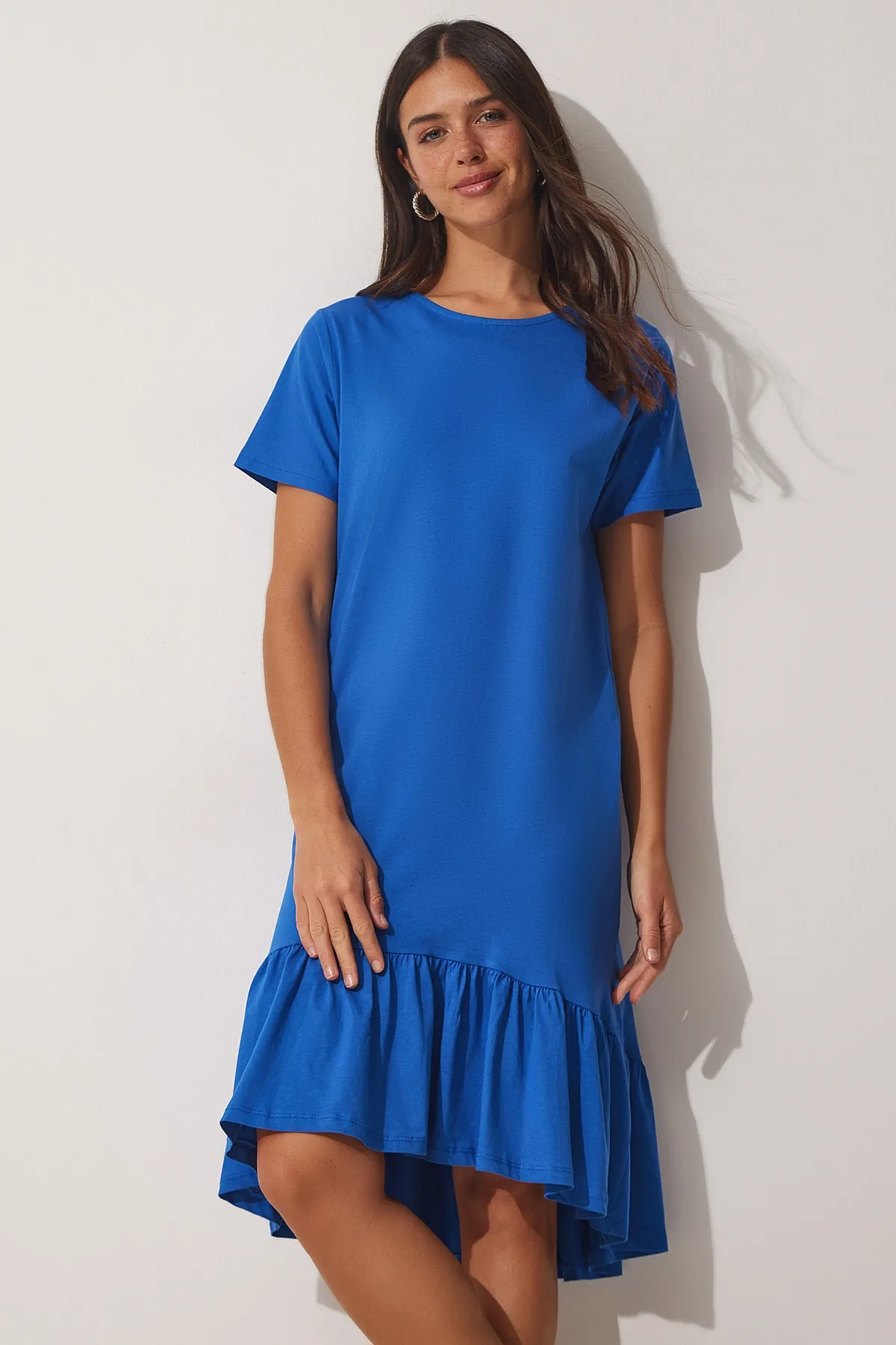 Happiness İstanbul  Blaues Volant-Sommer-Viskose-Strickkleid für Damen AP00186