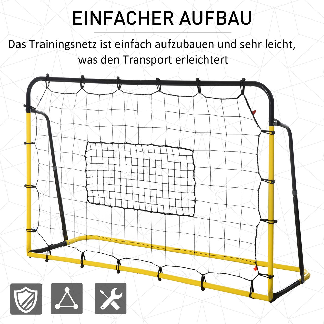 HOMCOM Kickback Fußball Rebounder Tor Rückprallwand Netz für Fußball Gelb Schwarz 184 x 63 x 123 cm