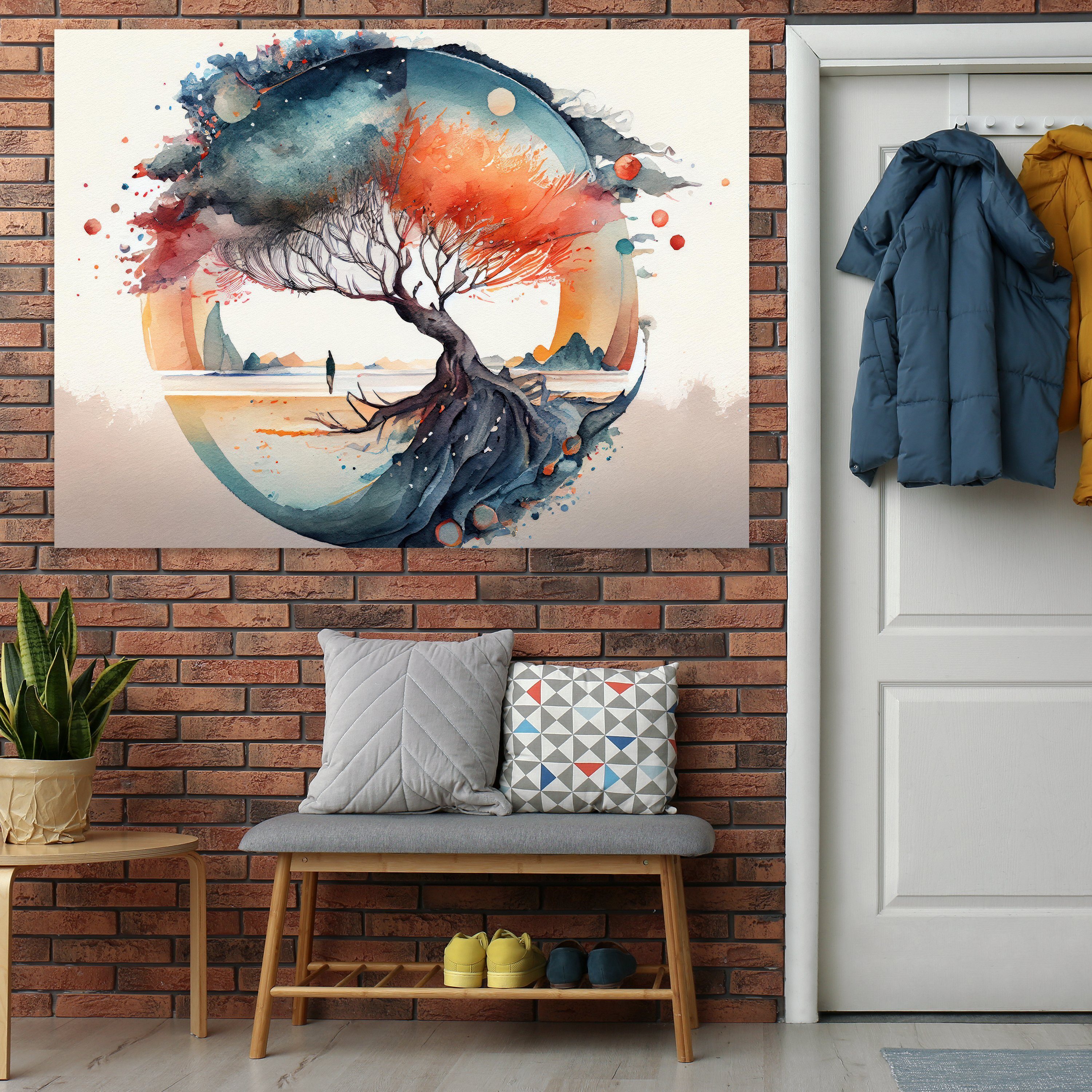 wandmotiv24 Leinwandbild Aquarell, Baum, Querformat, Kunst & Gemälde (1 St), Wandbild, Wanddeko, Leinwandbilder in versch. Größen