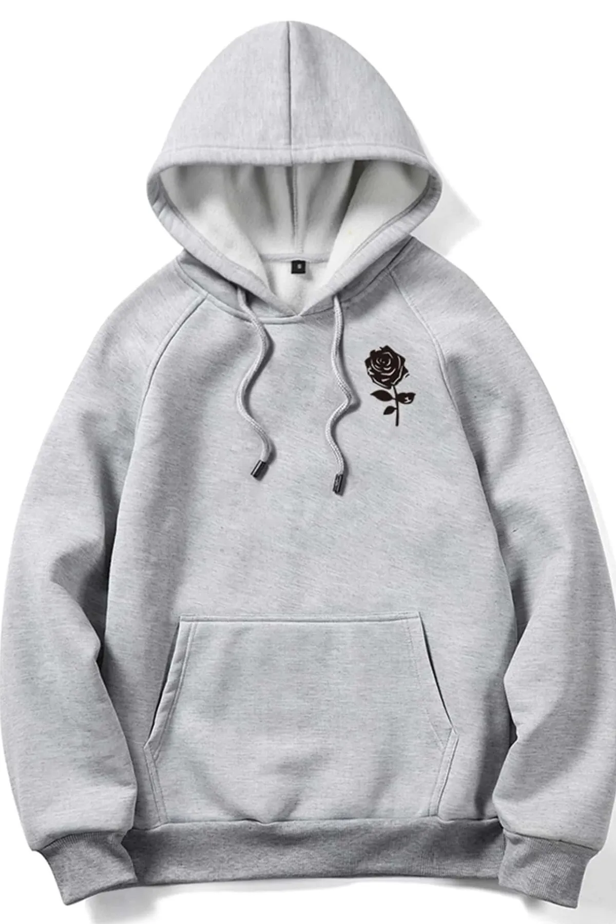 MODAGEN  Unisex-Sweatshirt mit Kapuze in Grau auf der linken Brustseite und Rosendetail in Übergröße