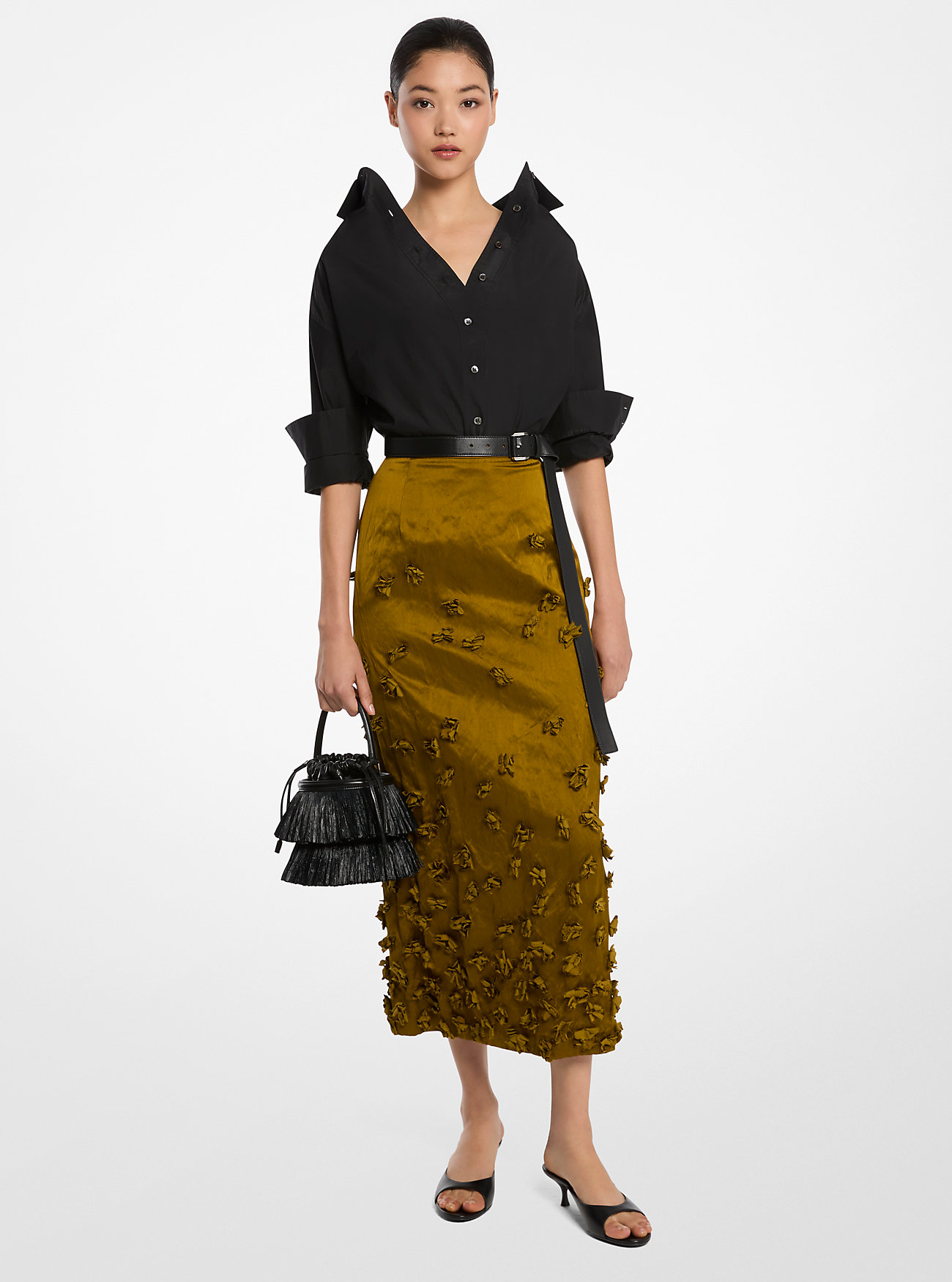 Hand-Embroidered Floral Crushed Duchesse Pencil Skirt - CACTUS